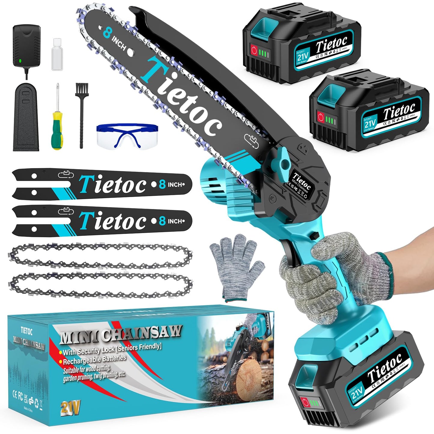 Tietoc Mini Chainsaw 8 inch Cordless with 2x 4000mAh Batteries, Battery Powerd Chain saw with Oiler, Lightweight Handheld Saw for Household & Garden, Gifts for Men, Dad, Husband, Gardener and DIYer