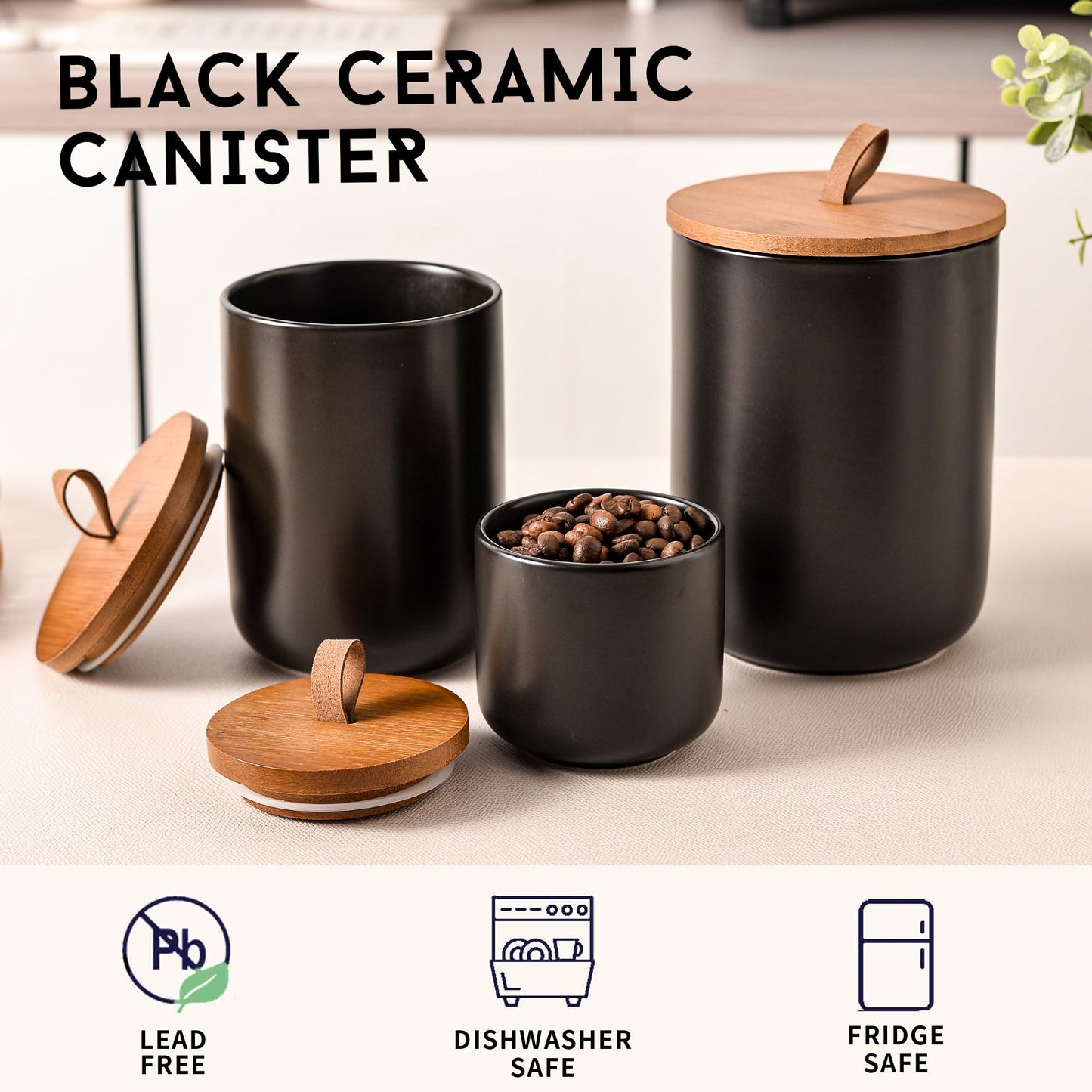 CoorFormer Black Ceramic Canister Set with Bamboo Lids, 3-Piece Airtight Food Storage Jars for Kitchen - Flour, Sugar, Coffee, Tea, Spice - Small, Medium, Large Sizes