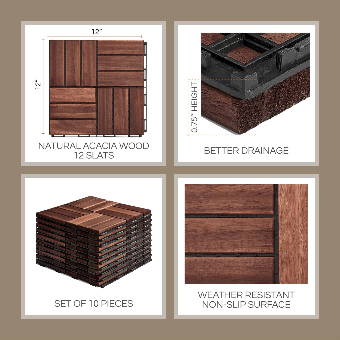 THYOI Premium Deck Tiles, Patio Flooring - Outdoor Waterproof Acacia Wood Tiles for All Weather Use - Balcony, Backyard, Indoor & Outdoor (Square Ft) (10, Dark Brown, 12S)
