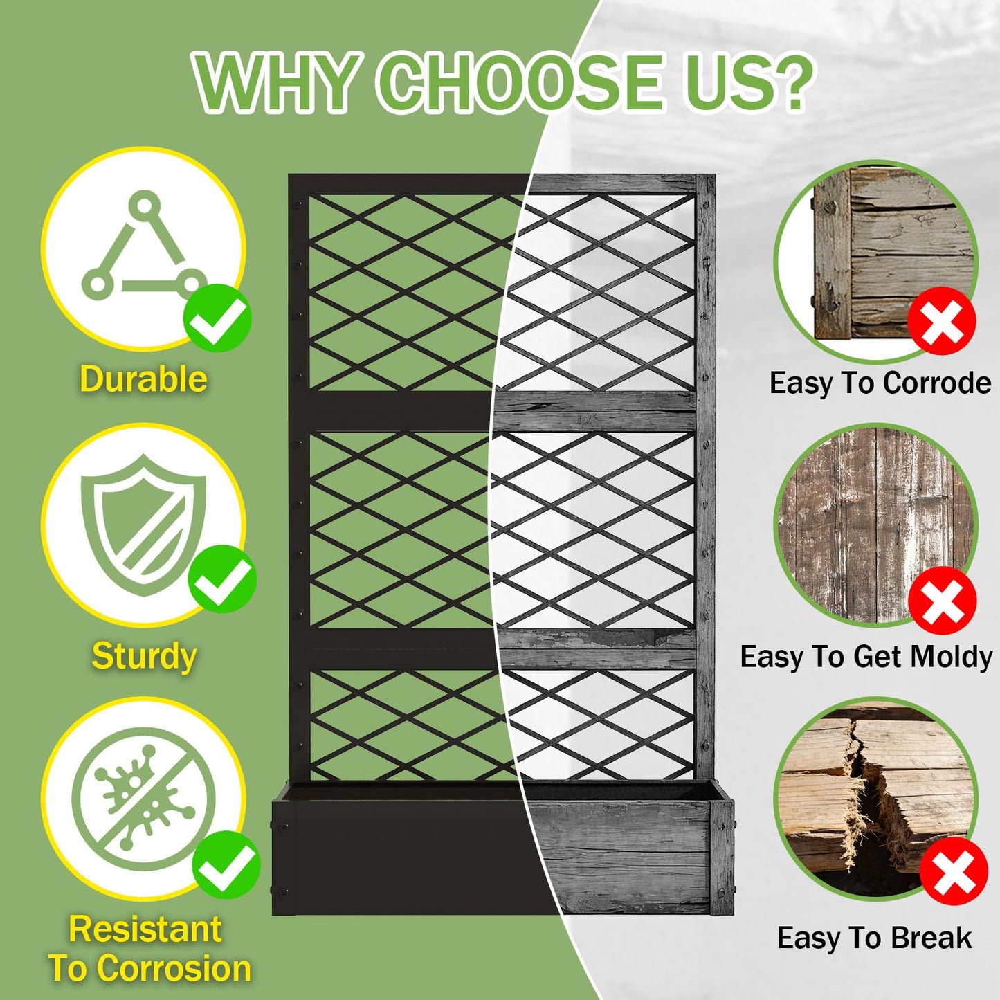 aboxoo 59 inch Metal Planter Planter Box with Privacy Screen Trellis Outdoor Raised Garden Bed Standing Garden Flower Bed with Drainage Holes(Black)