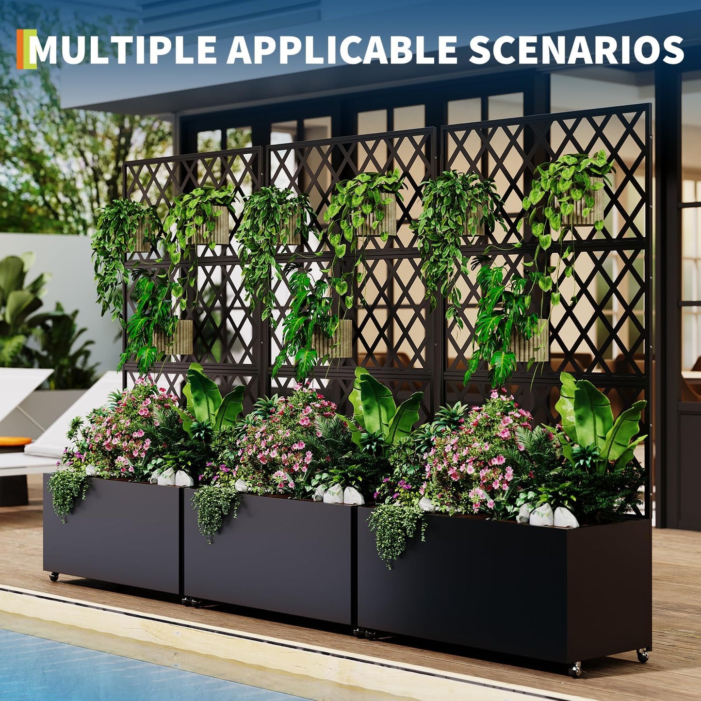 71x35x16 Inch Large Steel Raised Garden Bed, Mobile Planter Box with Trellis and Privacy Screen, Lockable Casters & Drainage Holes, Outdoor Vegetable Garden for Vines Flowers Patio Deck Balcony