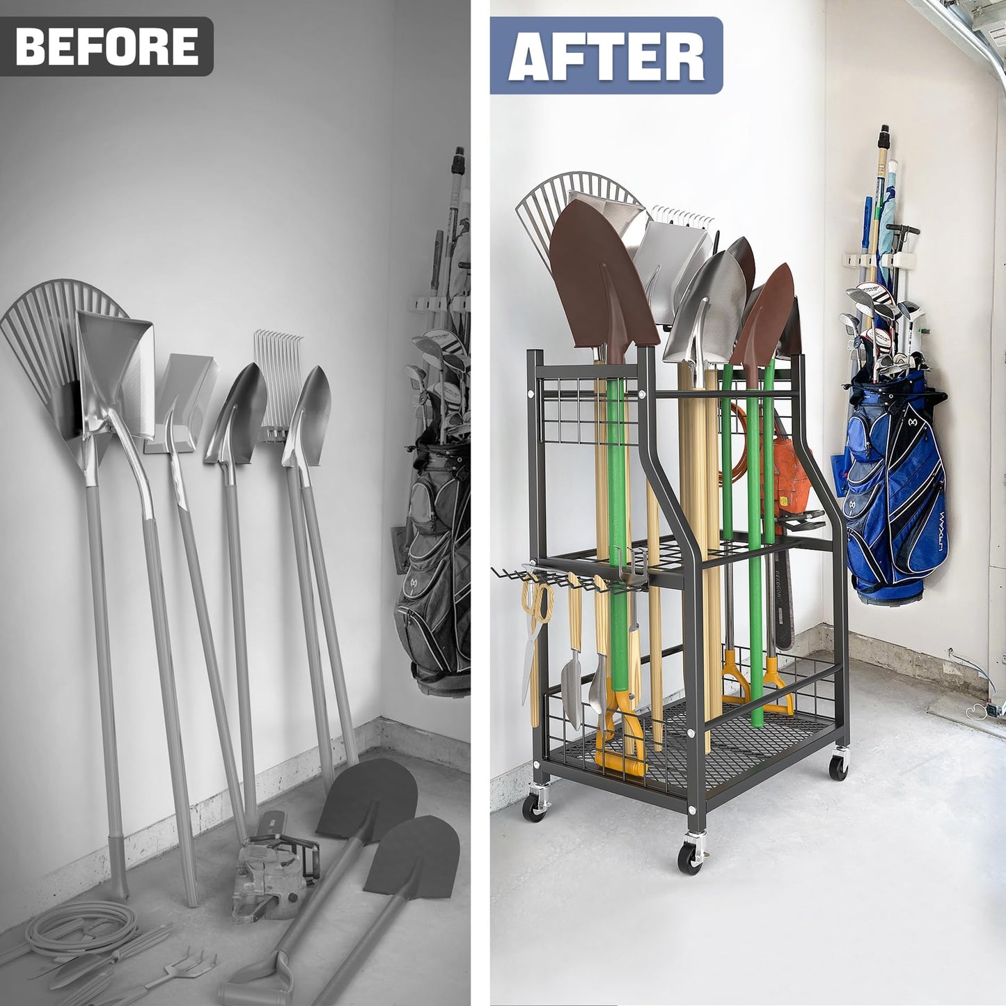 WALMANN Garden Tool Organizer with Wheels for Garage, Rakes/Shovels/Yard Tools Storage Stand for Garden, Shed, Indoor/Outdoor Long-Handled Tools Rolling Cart