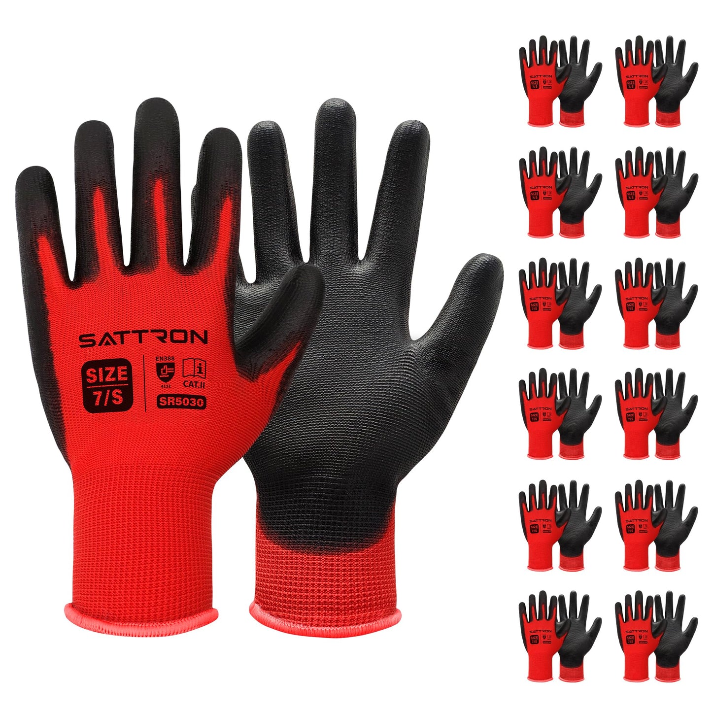 SATTRON Safety Work Gloves PU Coated, 12 Pairs Seamless Knit Gloves with Polyurethane Coating Working Gloves Excellent Grip for Men & Women, Breathable, Ideal for General Duty Work DIY (Red, Small)
