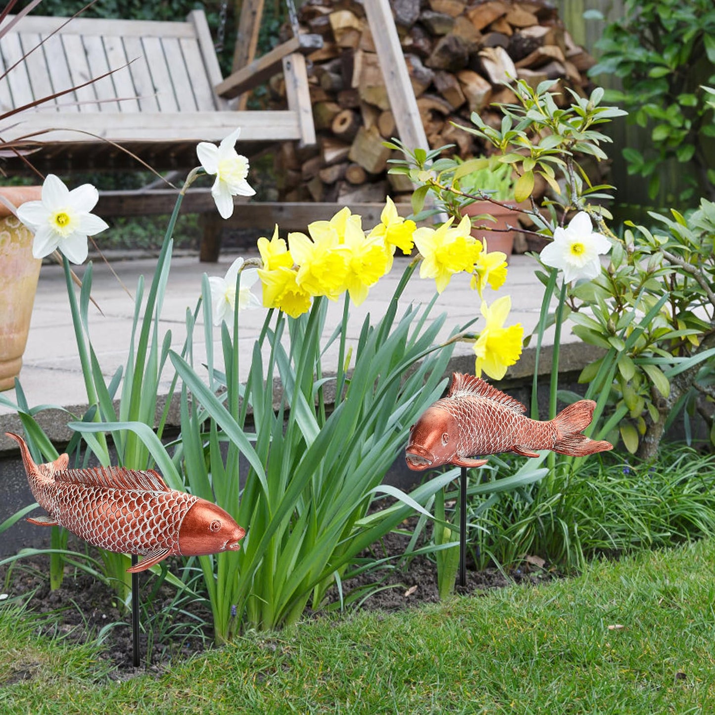 Wosuine Garden Statues Koi Fish Decor Outdoor Garden Fish Statues, Set of 2 Antique Copper Koi Art Sculptures for Patio, Backyard, Pond and Home Decor, Best Gardening Gifts for Women Mom