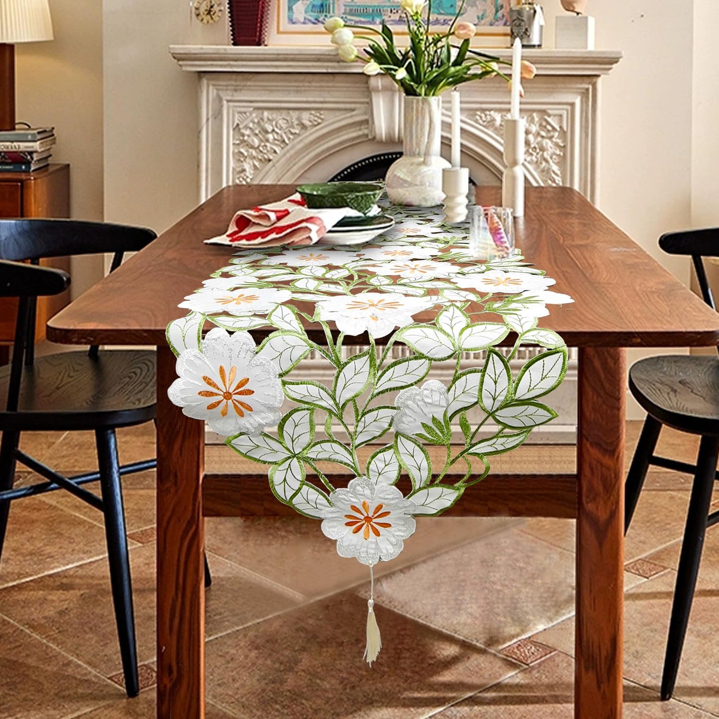 AMZALI Summer Spring Flower Table Runner Embroidered Flowery Cutwork Table Doily Floral Table Dresser Scarf for Home Kitchen Dining Tabletop Decoration ( 15"×72")