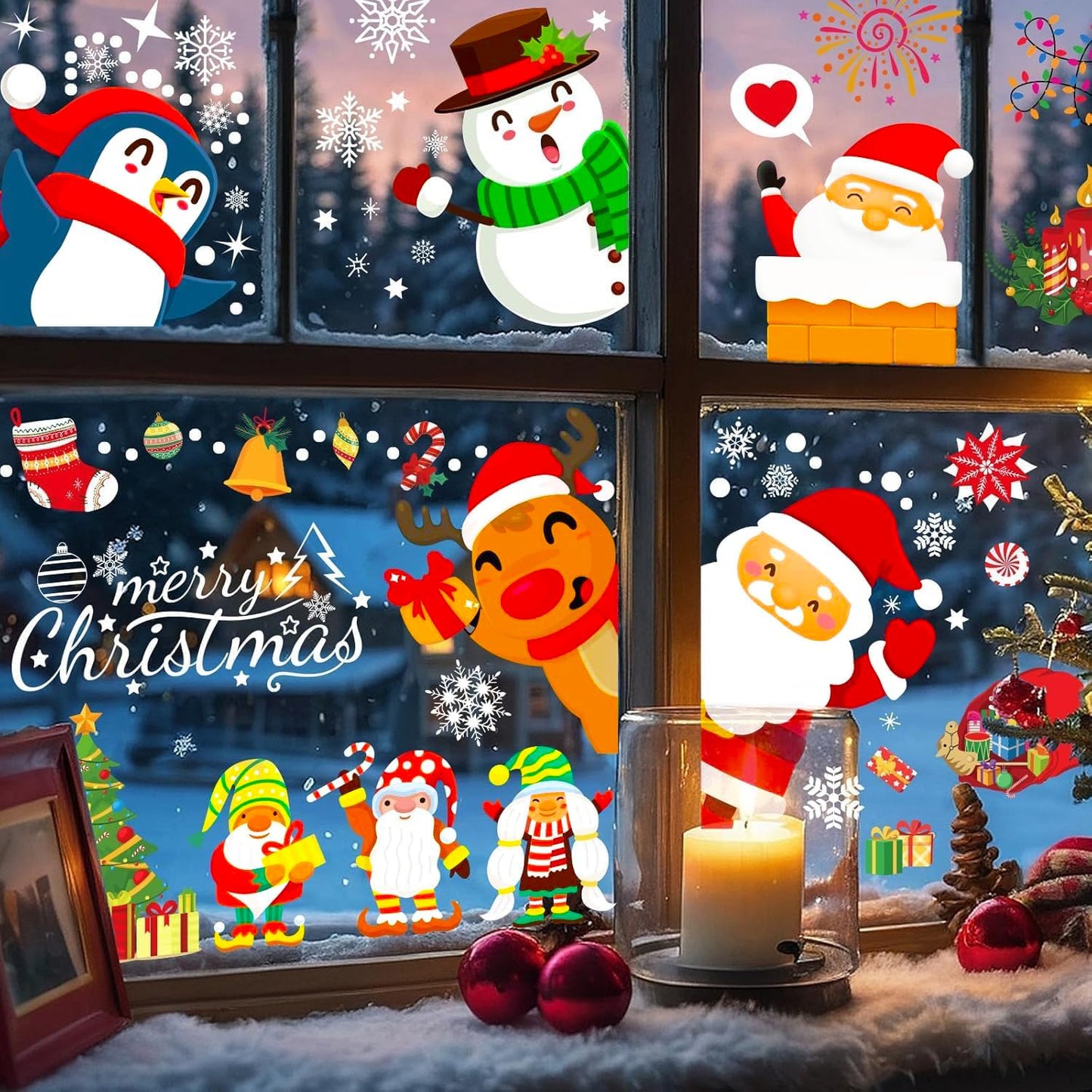 9 Sheets 200+Pcs Christmas Window Stickers Xmas Decals Decorations for Glass Snowflake Santa Claus Reindeer Window Cling Sticker for Holiday
