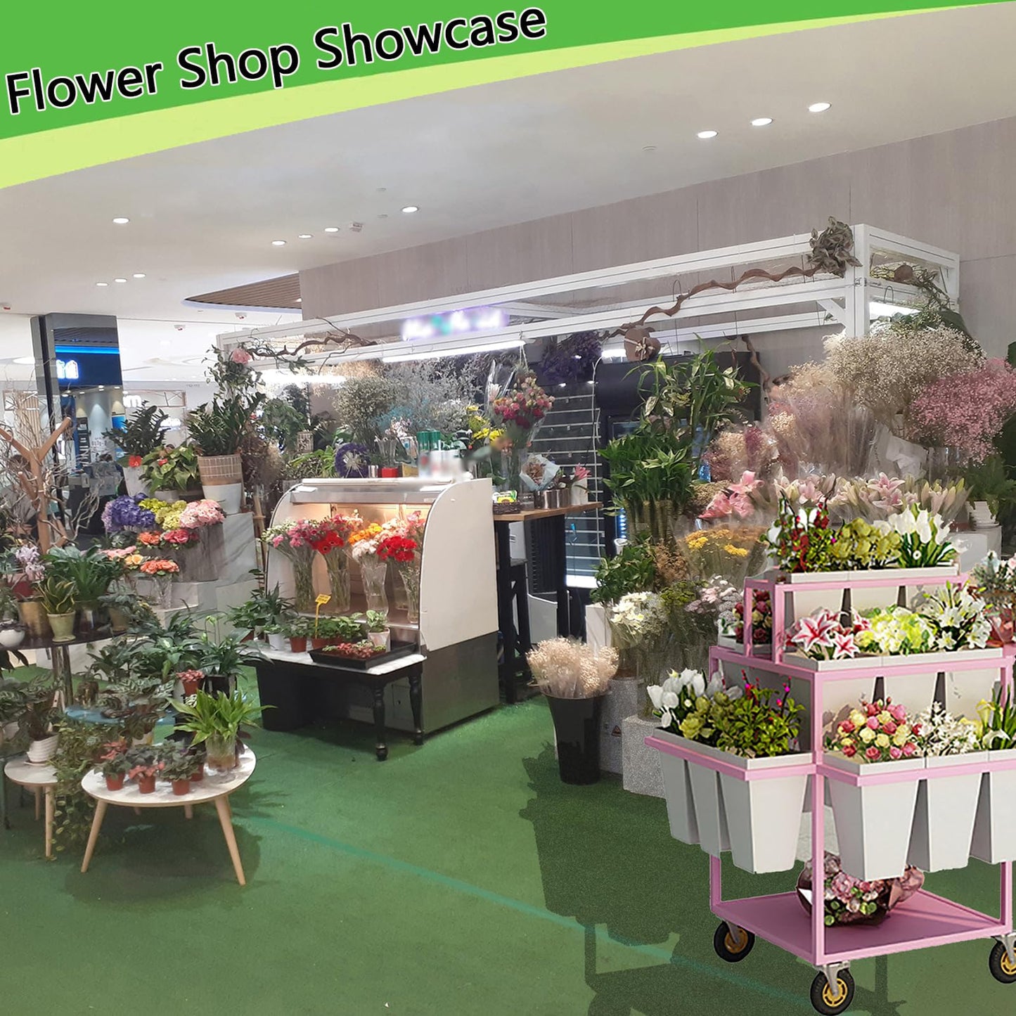 Metal Outdoor Flower Display Stand with Flower Display Stand with 18 Buckets, Flower Cart Display Stand with Wheels，Flower cart for Florist, Patio Garden(Color:Blue,Pink,White) (White)