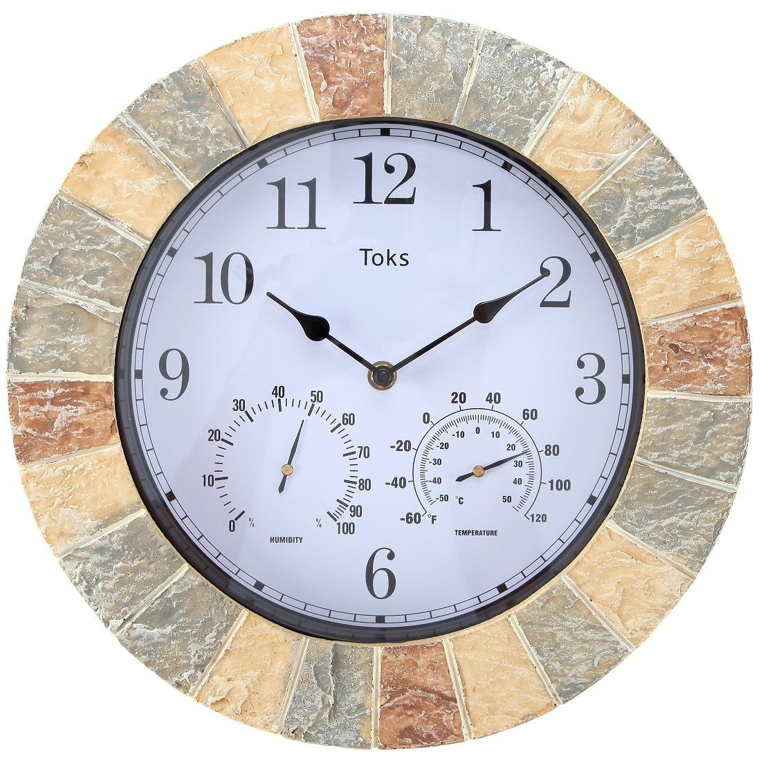 Lily's Home Hanging Wall Clock, Includes a Thermometer and Hygrometer and is Ideal for Indoor and Outdoor Use, Wonderful Housewarming Gift for Friends, Faux-Stone (13 Inches)