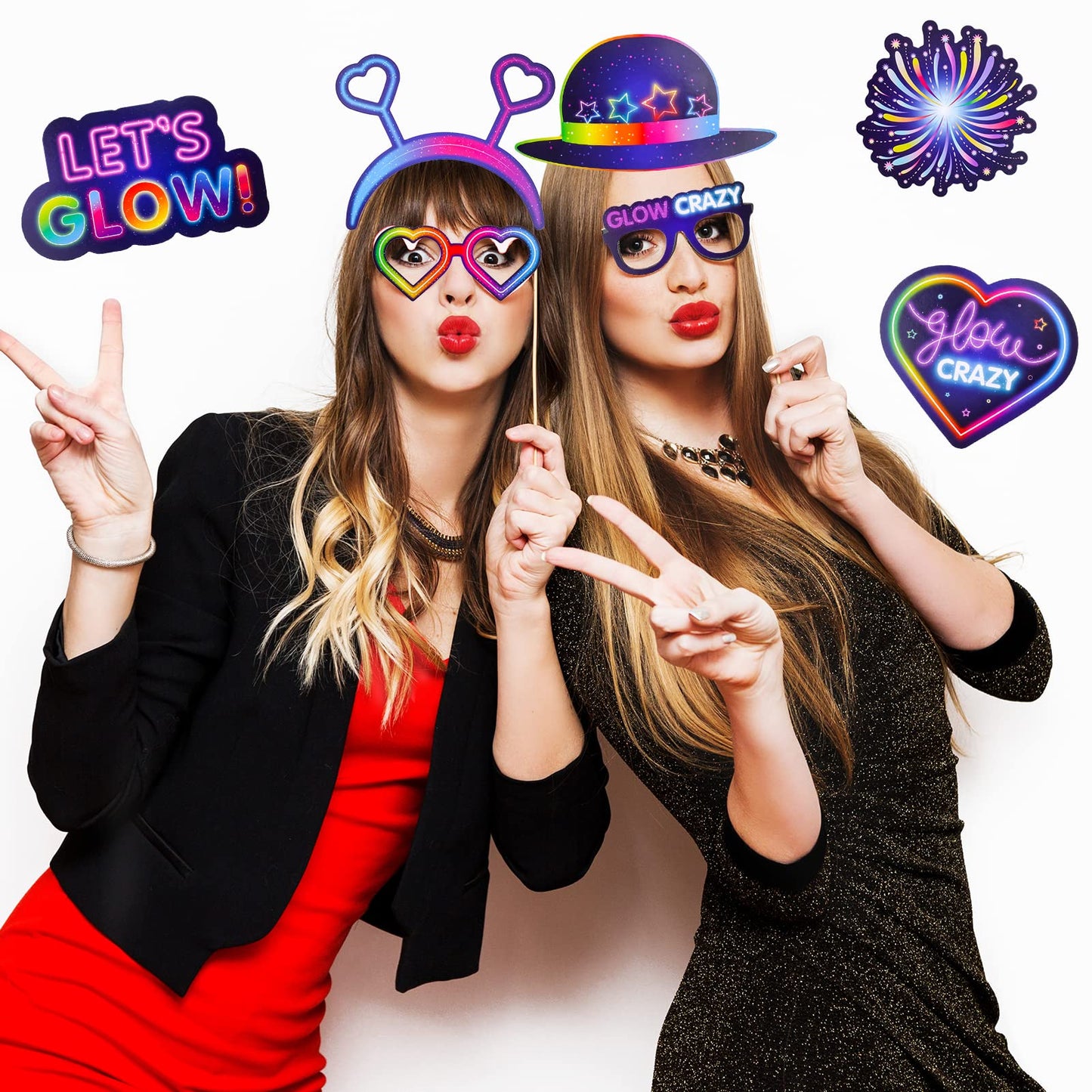 Qpout 25 Pieces Glow Party Photo Props, Neon Party Photo Booth Props, Fluorescent Selfie Props, Glow in The Dark Party Photo Props Posing Props Bar Decoration