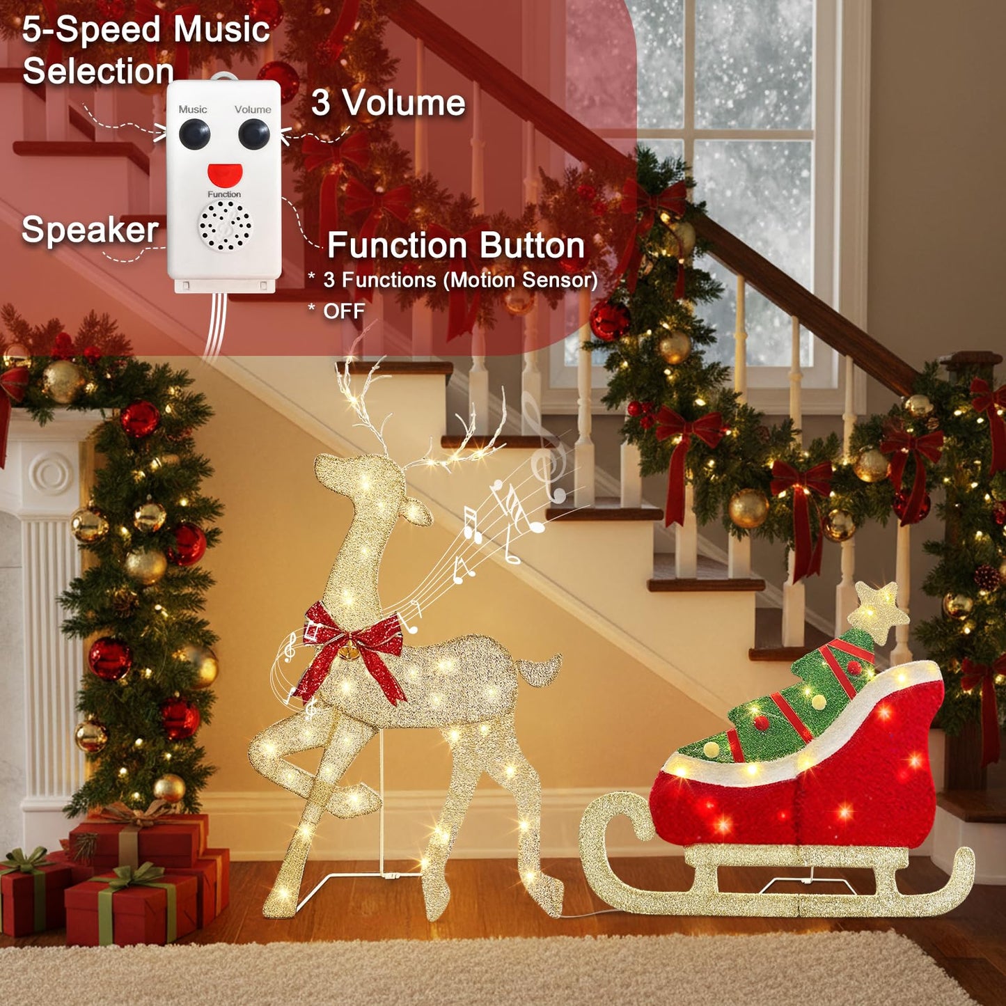 EAMBRITE Christmas Decorations Outdoor, 42 Inch Christmas Reindeer & Sled with 117 Warm White Lights, Motion Sensor 2D Music Lighted Deer Christmas Decor for Xmas Tree Lawn Porch Garden