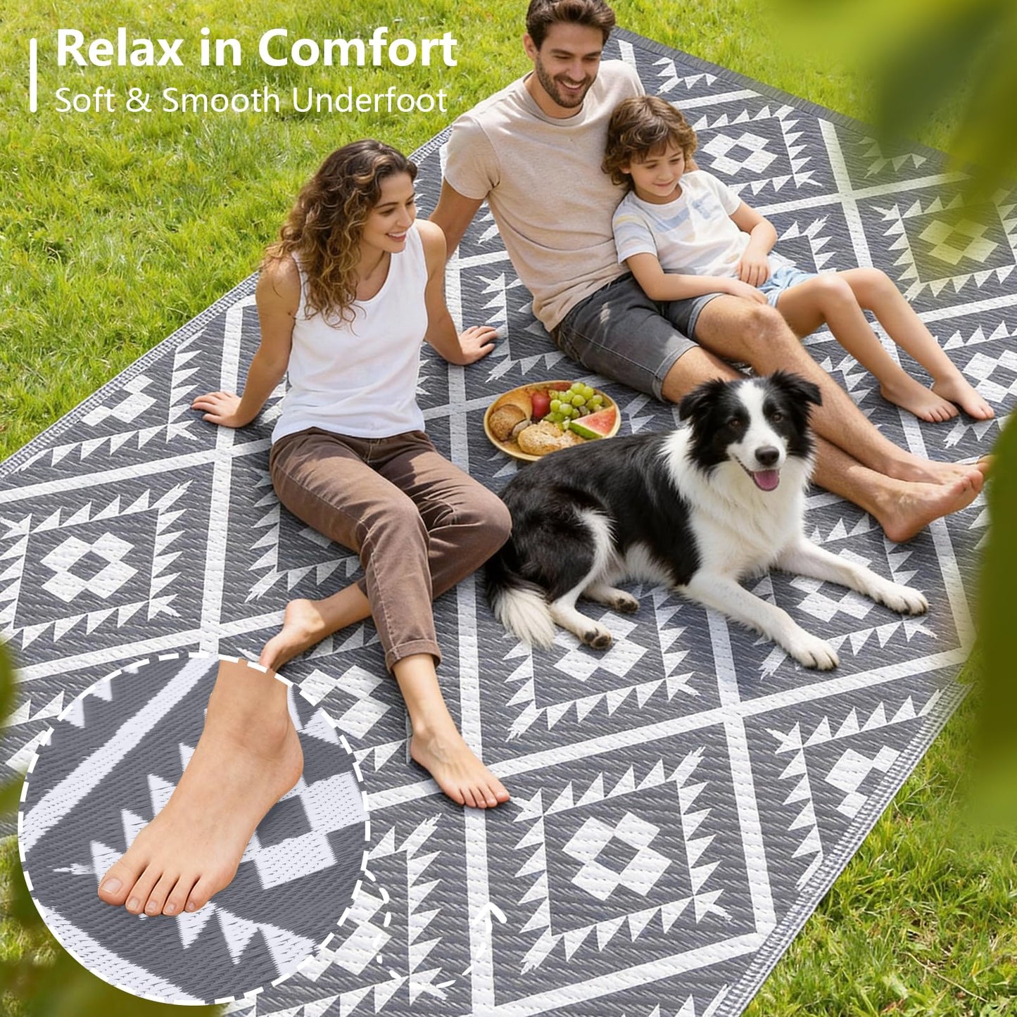 COOLTOP 8'x10’ Outdoor Rug for Patios Porches, Waterproof Plastic Camping Rugs, Modern Reversible Mat, Large Area Rugs for Backyard, Deck, RV, Balcony, Picnic, Beach, Grey & White