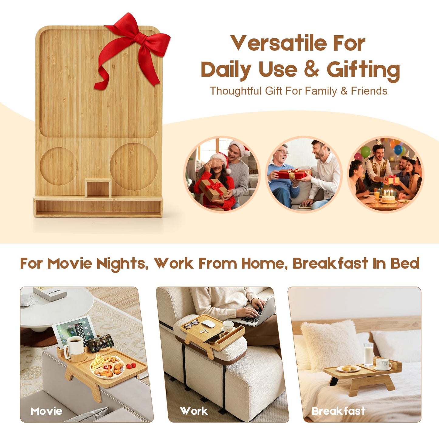 Premium Bamboo Sofa Arm Tray - Couch Armrest Table with Cup Holder, Phone Stand & Storage Compartment, Non-Slip Snack Tray for Living Room, Bedroom, Fits Most Sofa Armrests