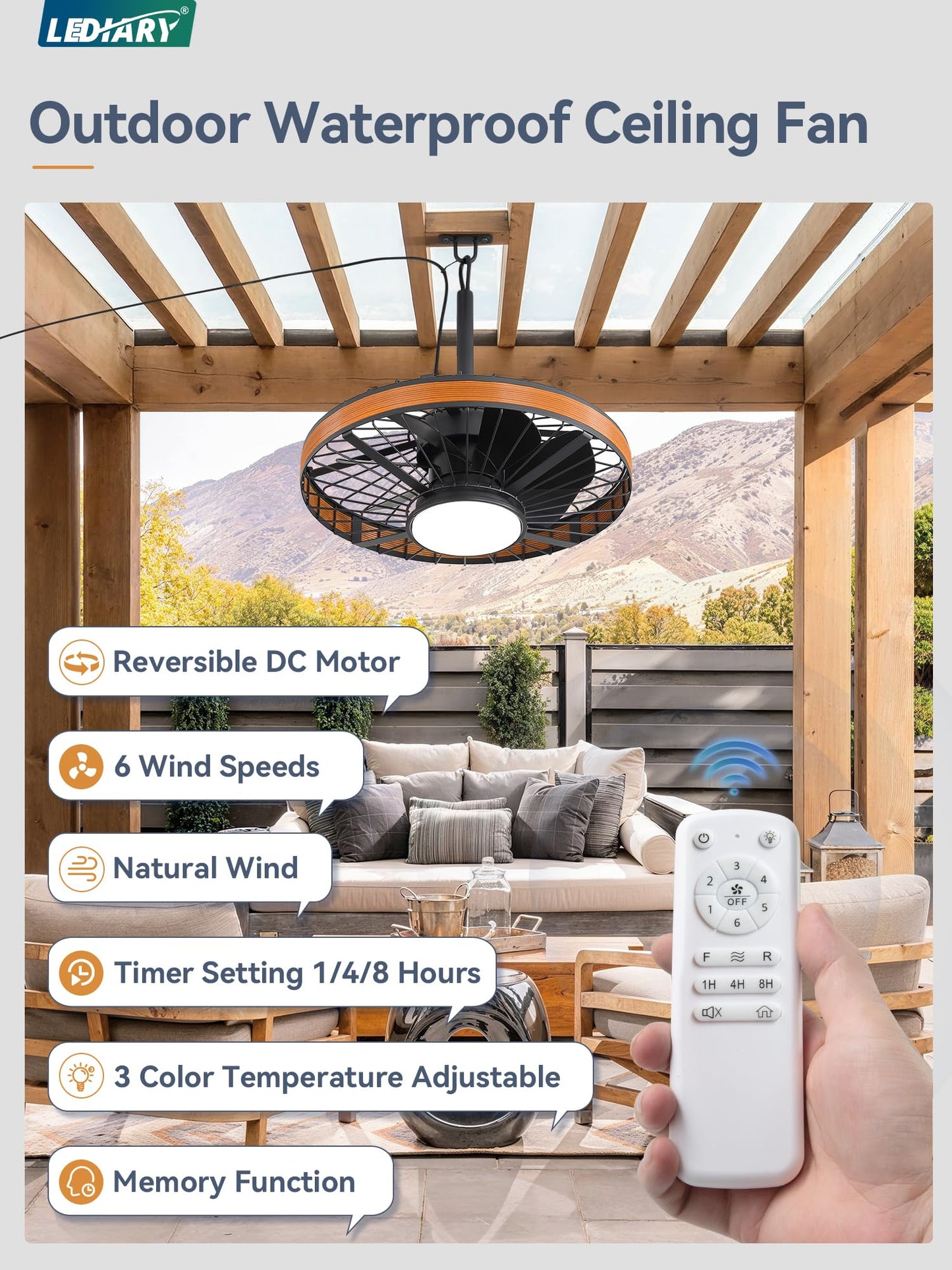 LEDIARY Outdoor Ceiling Fans with Lights, IP65 Waterproof Gazebo Fan with Hanging Hook,6 Speeds, 3CCT, 20 Inch Wet Rated Plug in Ceiling Fan for Patios,Porch, Pergola,Canopy, Brown