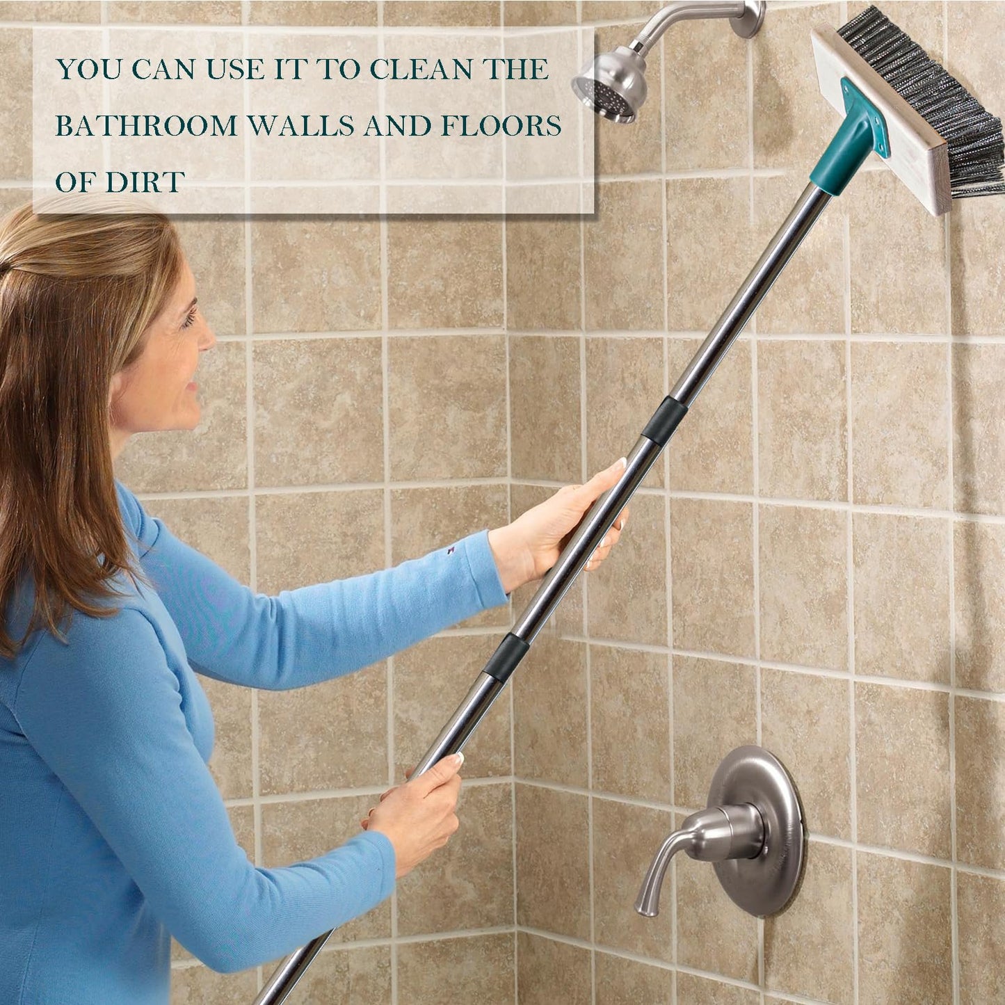 Push Broom Brush Stainless Steel Wire Scrub Brush with Long Handle for Moss, Tough Stains on Deck, Grout, Garage, Patio