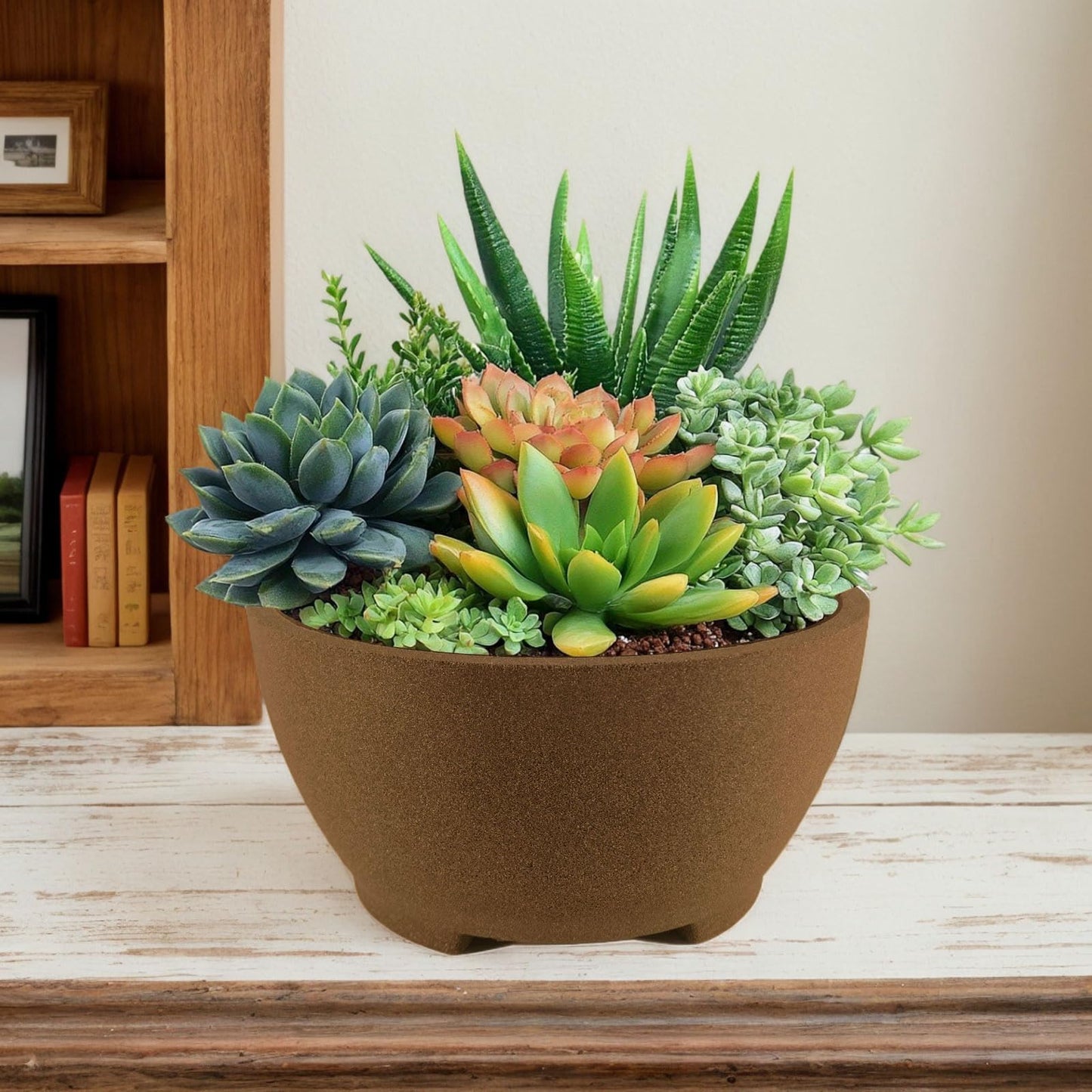 TINYVISTA 8.26" Brown Ceramic Bonsai Pot with Drainage Holes - Large Unglazed Clay Planter for Ficus Trees, Succulents & Indoor Plants, 4" Deep Round