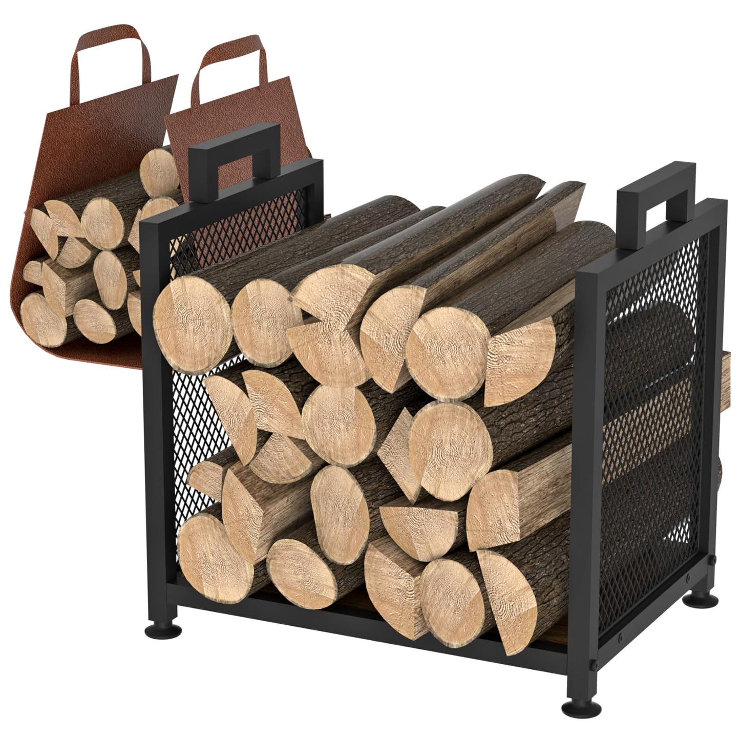 VyGrow Firewood Rack for Indoor, Heavy Duty Fire Wood Racks Holder, 17.32" Metal Wood Storage Log Holder with Leather Carrier, Small Firewood Stand for Fireplace Patio Deck, Black