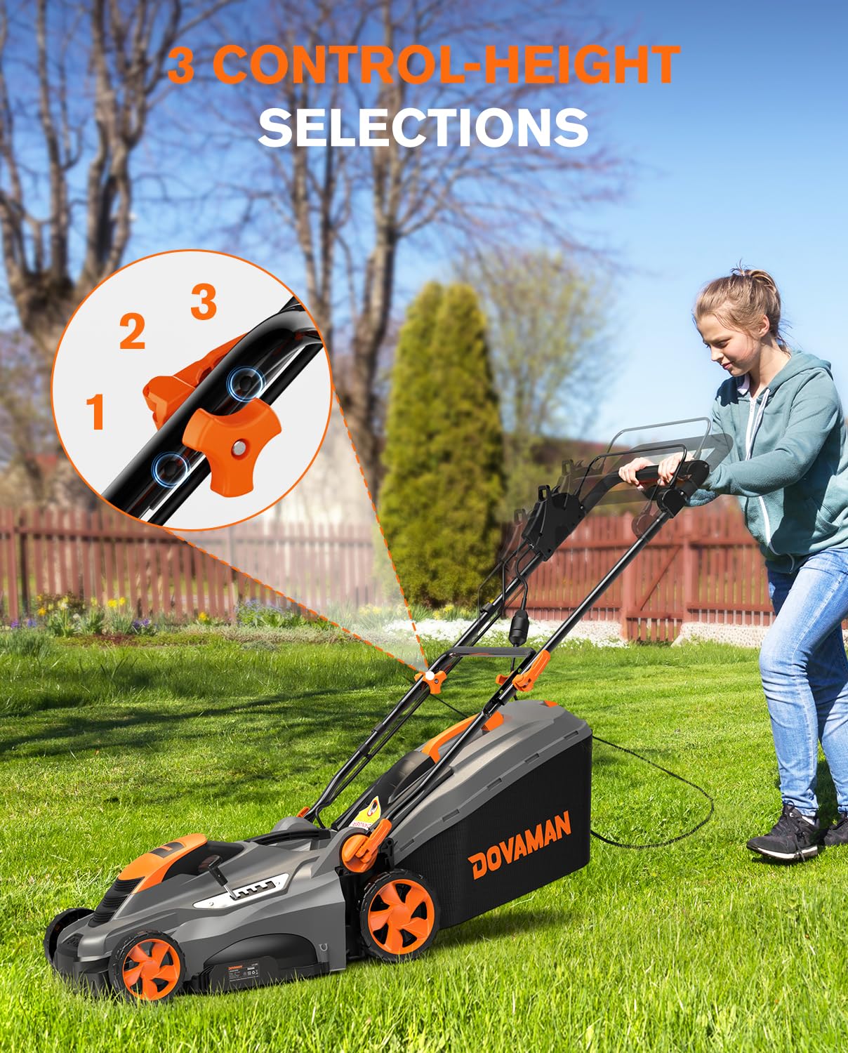 DOVAMAN 13Amp LA16M Lawn Mower, 16" Blade, 5-Position Height Adjustment, 3-Step Quick Vertical Fold Storage, 2-in-1 Mulching & Bagging, 98% Collection, Corded Lawn Mower for Your Garden