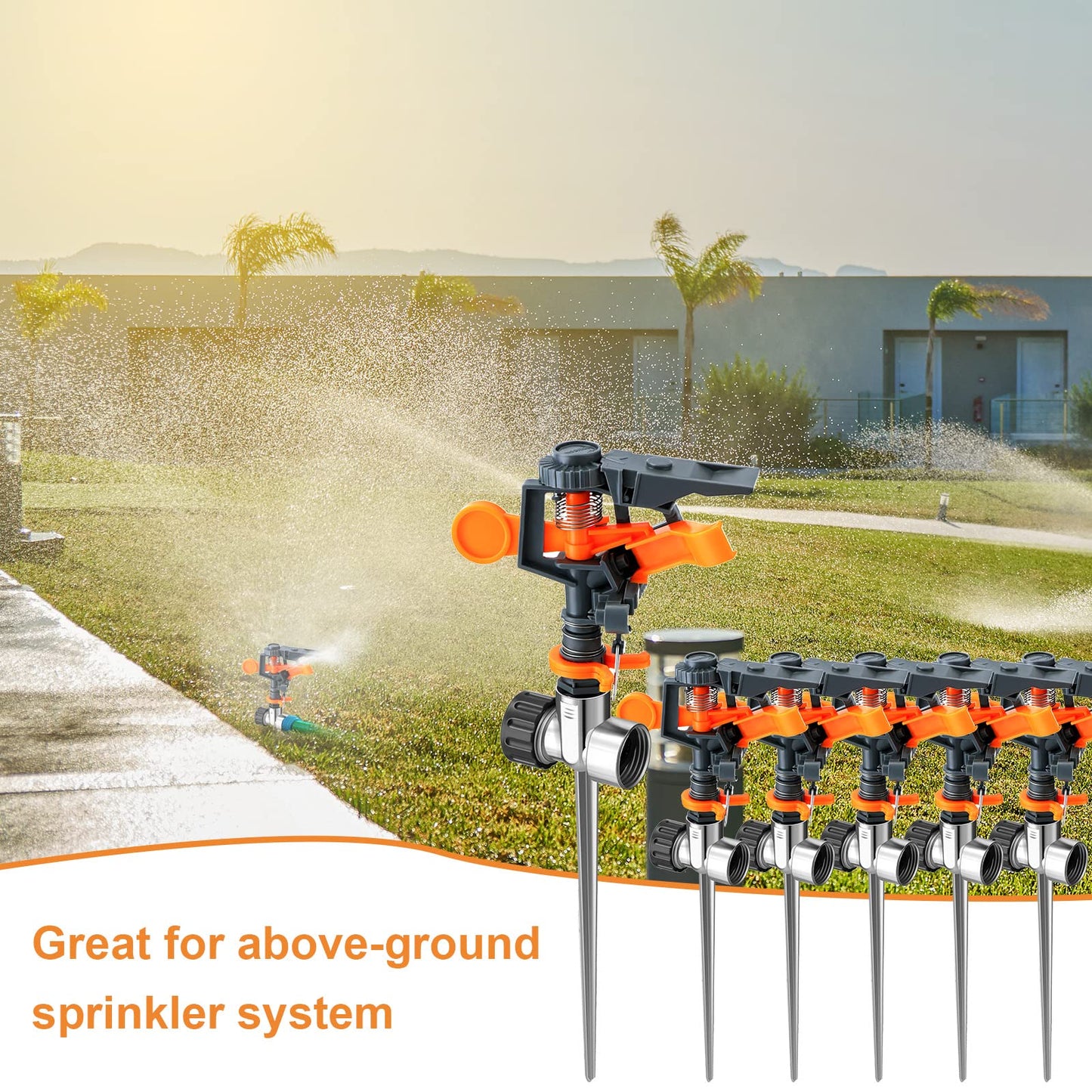12 Pack Pulsating Sprinklers with Metal Spike, 360° Adjustable Rotating Impact Sprinkler Large Area Coverage Sprinklers for Yard Lawn Garden Above Ground Sprinkler System (Black and Orange)