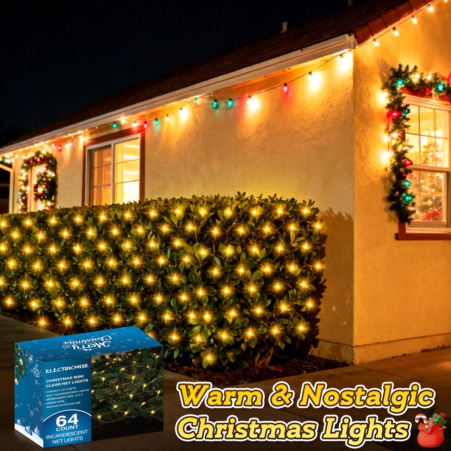 ElectricWise 6 Pack Net Christmas Lights Outdoor 4 x 4 Ft, Clear Mesh Christmas Mini Incandescent Net Lights with End to End Plug for Bushes, Hedges, Tree, Warm White, Green Wire