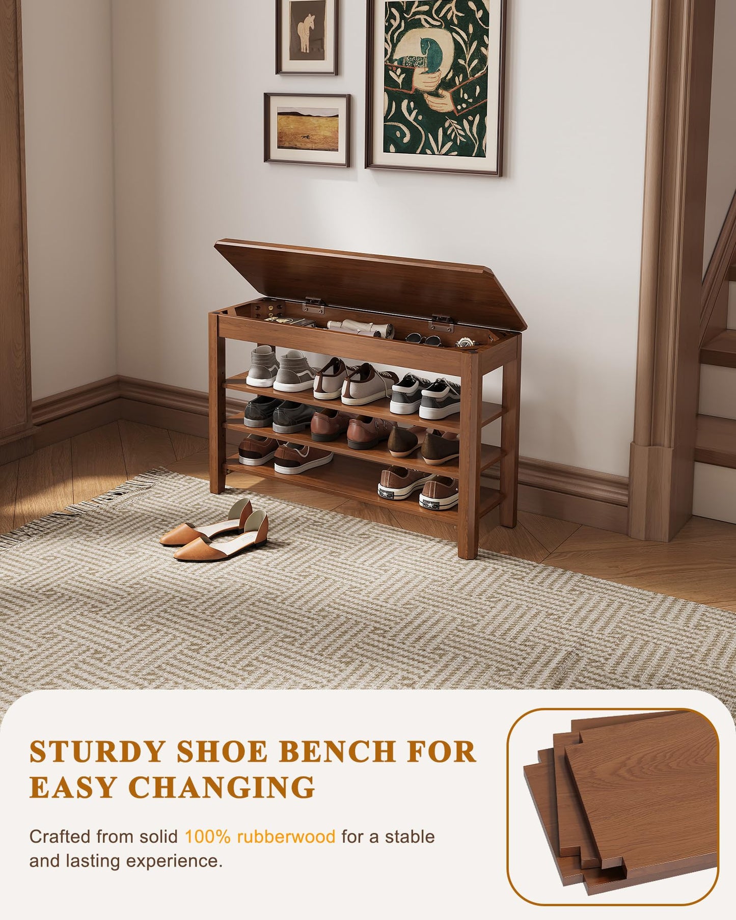 IUNVR Shoe Rack Bench Seat Rubberwood 3-Tier Wooden Storage Bench 550lbs Compact Mid-Century Modern Design for Entryway, Hallway, Closet, Front Door Entrance, Foyer