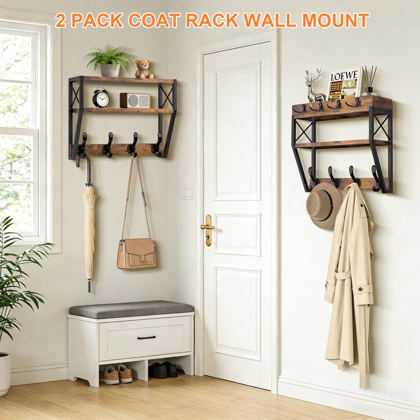 Dhmkfly Upgraded 32-inch Coat Rack Wall Mount with Shelf, 4 in 1 Versatile Coat Hanger Key Holder Wall Mount, 3-Tier Entryway Wall Shelf with 12 Hooks and Mail Holder for Living Room Bedroom Bathroom