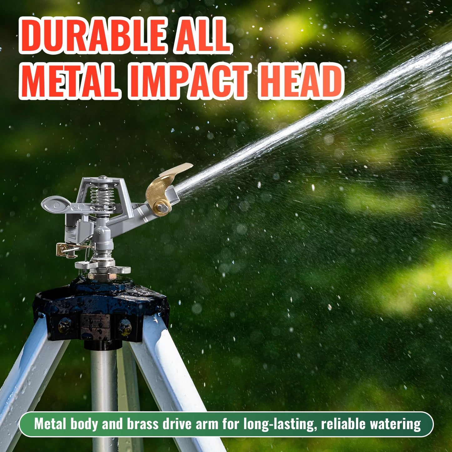 YAMATIC Tripod Impact Sprinkler, Adjustable 21–50 in Lawn Sprinkler with Metal Pulsating Head, Up to 90 ft Spray Distance, 360° Coverage for Large Yard, Garden & Landscape Watering