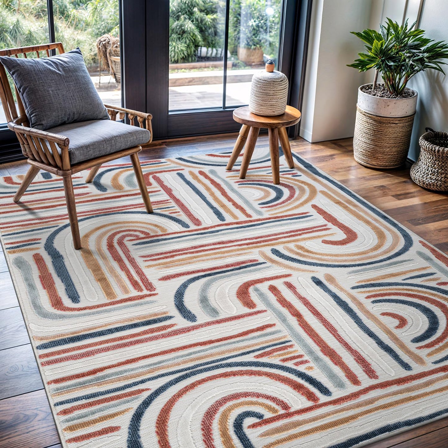 CAMILSON Indoor Outdoor Rug, Multicolor 5x7 Geometric Arch Striped Area Rugs for Patio and Home Areas, Easy-Cleaning Non-Shedding Living Room, Garden and Deck Washable Outside Carpet (5 x 7)