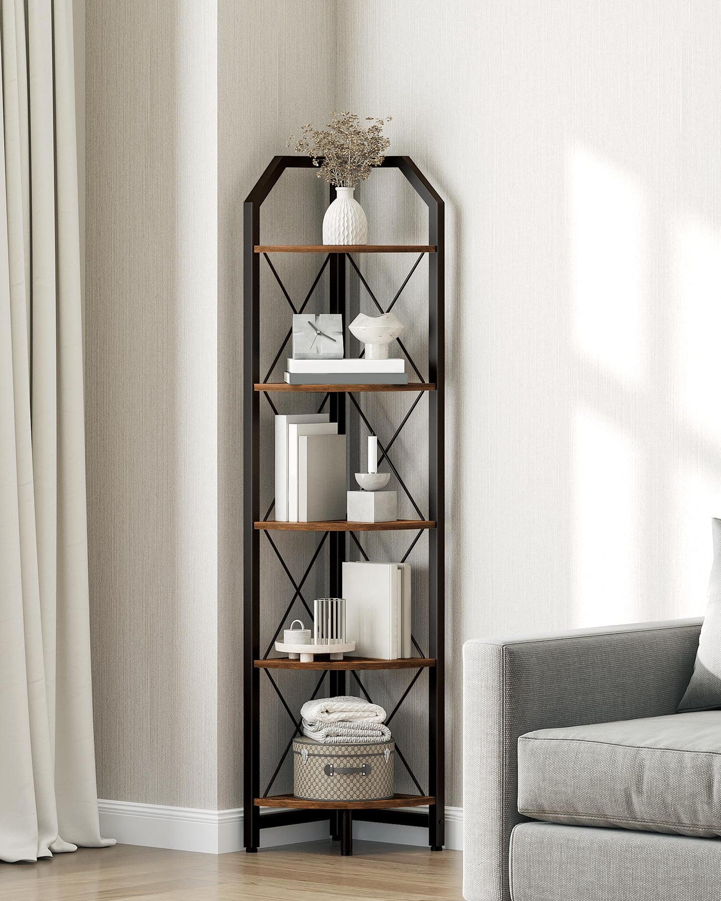 CHOEZON 59.4" Corner Shelf, 5-Tier Industrial Corner Bookshelf, Corner Storage Stand, Plant Stand Display Shelf, Bookcase for Bedroom, Living Room, Home Office, Rustic Brown and Black TCJ10BF
