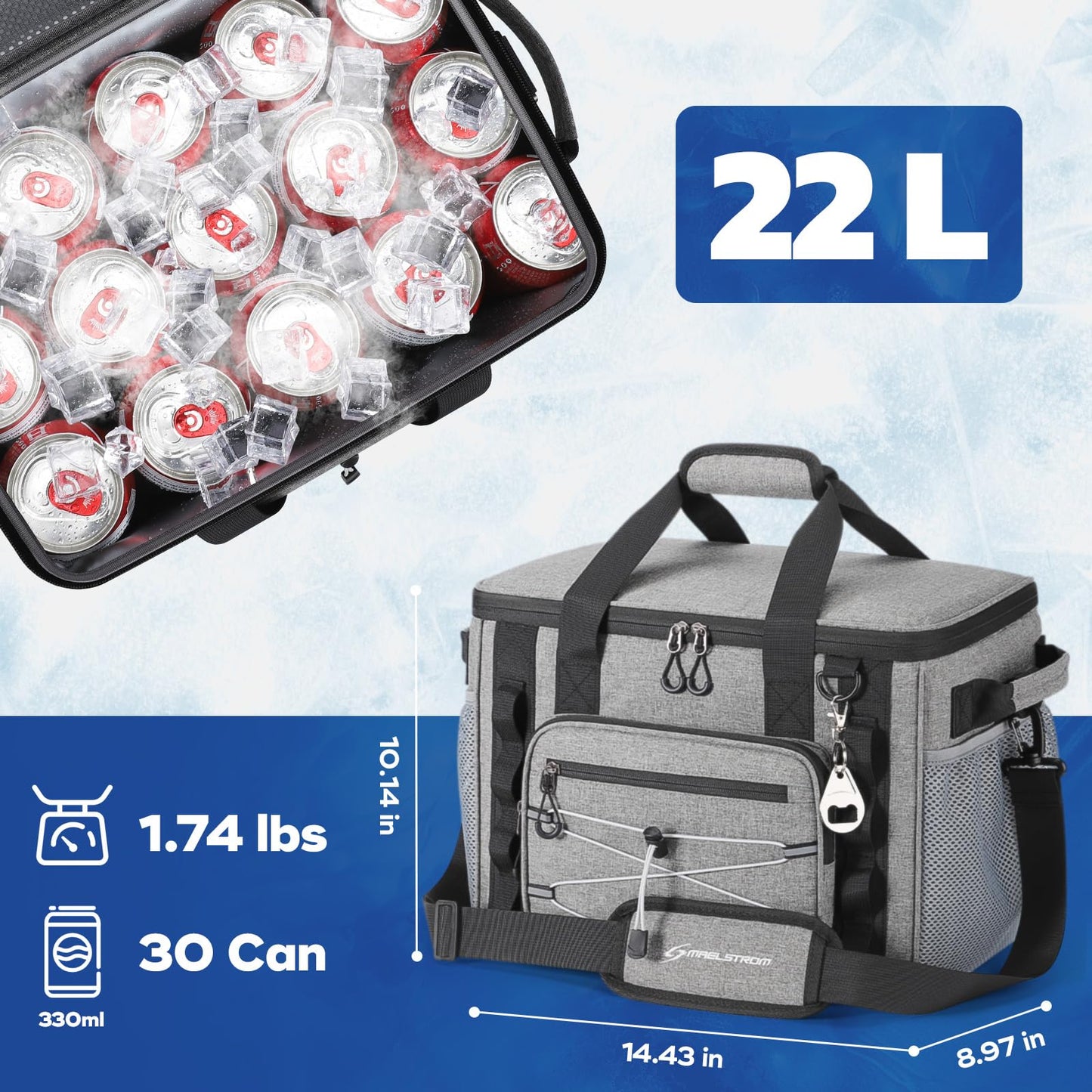 Maelstrom Soft Sided Cooler Bag, 30/40 Can Collapsible Insulated Ice Chest, Large Leakproof Portable Storage for Camping, Travel, Kayaking & Beach (2.Gray, 30 Can)