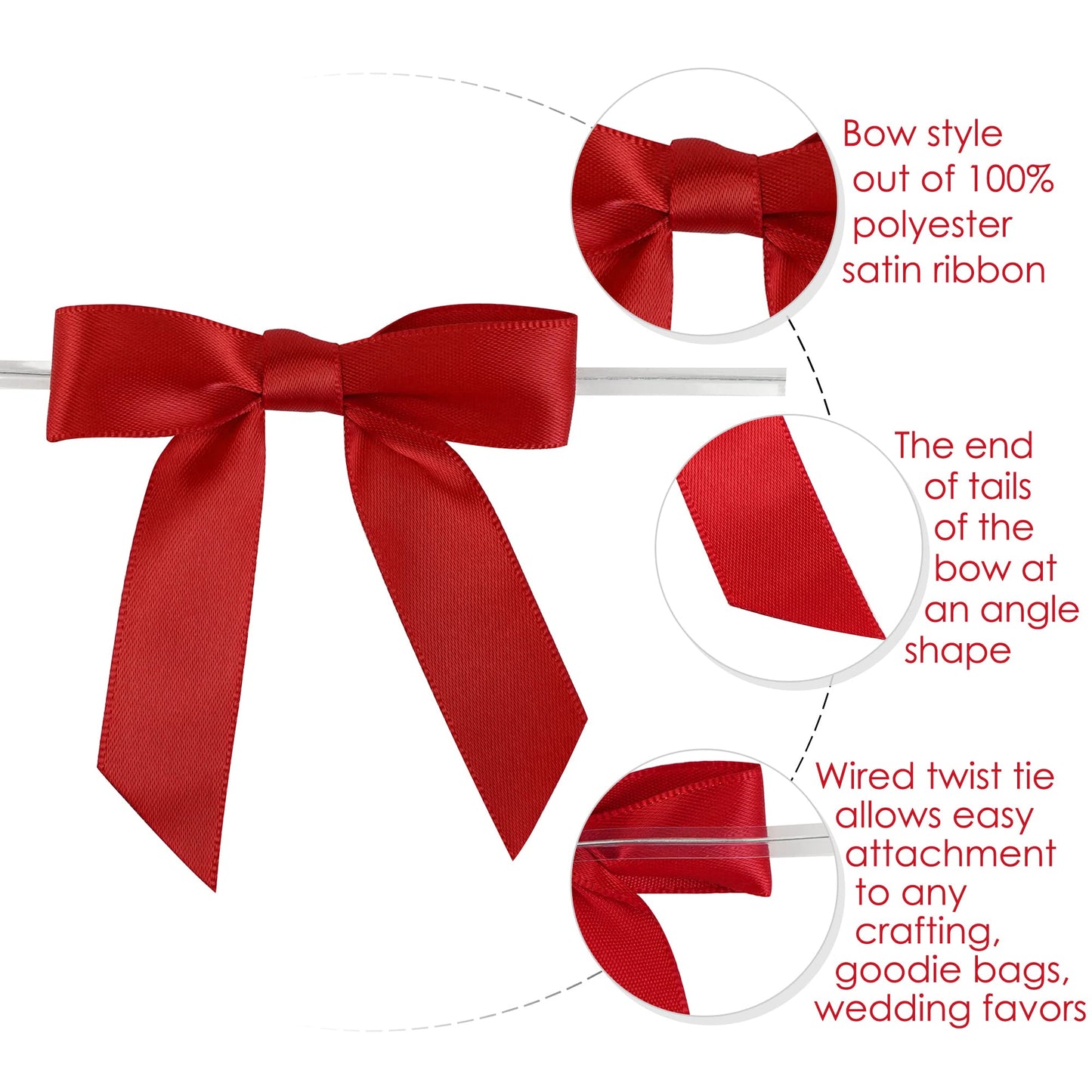AIMUDI Red Bows 2.5" Satin Bow for Gift Wrapping Twist Tie Bows for Wedding Favors Candy Apples Party Valentine's Day Christmas Decorations - 50 Counts