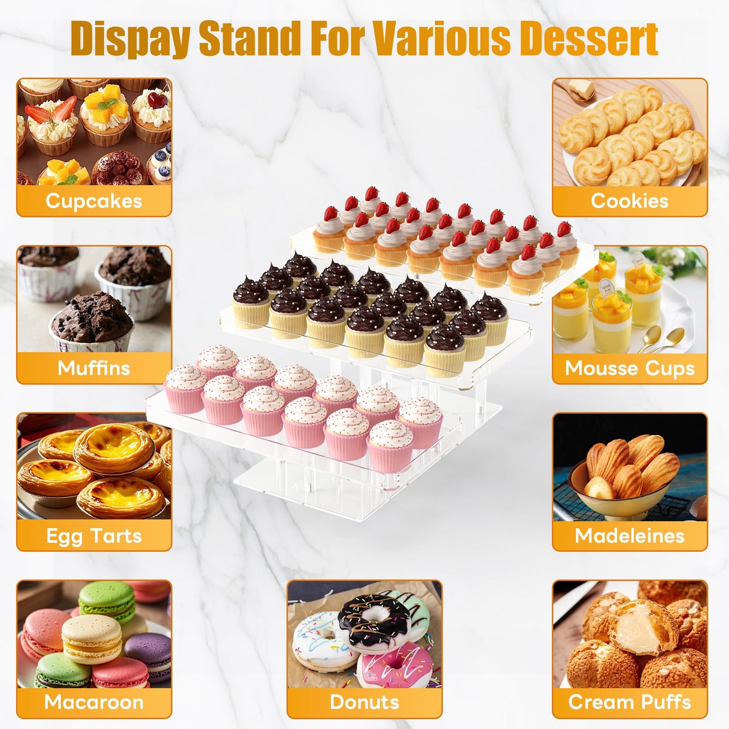EffiQ-Rate 3 Tier Cupcake Stand, Transparent Acrylic Dessert Table Display Set, Adjustable Tiered Cupcake Holder Tower for Baking Serving on Weddings, Baby Showers, Birthday Party Buffet