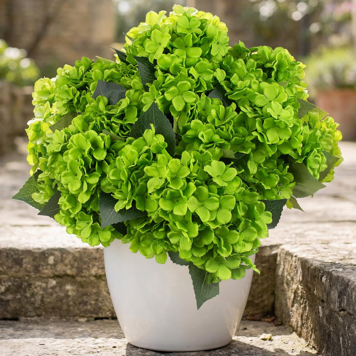 4 Pcs Hydrangea Artificial Flowers Outdoor Silk Bouquets, UV Resistant Green Faux Hydrangeas Flowers for Table Vase Centerpieces Outside Party Wedding St Patrick's Day Home Outdoor Decor (4, Green)