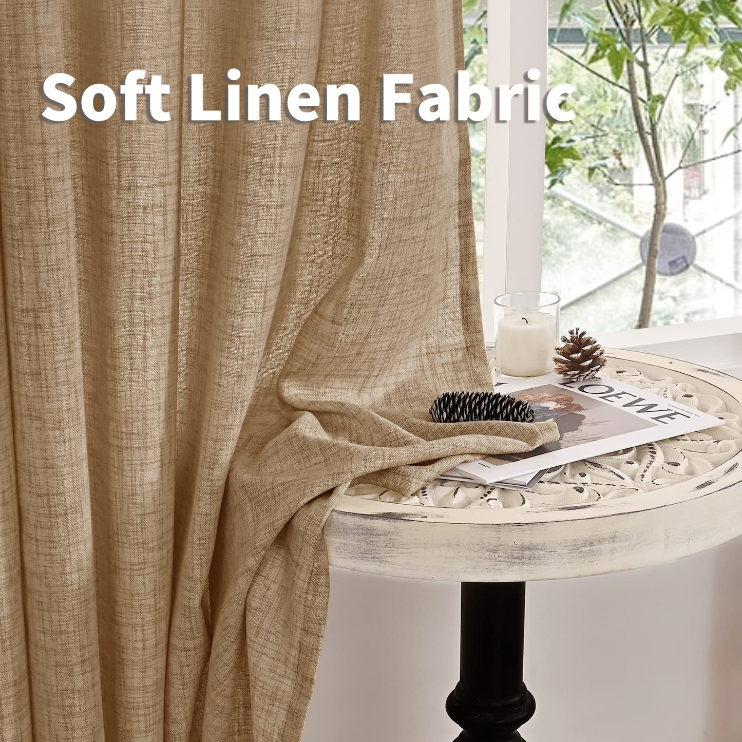 YoungsTex Burlap Linen Curtains 63 Inch Length 2 Panels for Bedroom, Toffee Tan Semi Sheer Drapes Textured with Bronze Grommet Light Filtering for Living Room Farmhouse, 52 X 63 Inch