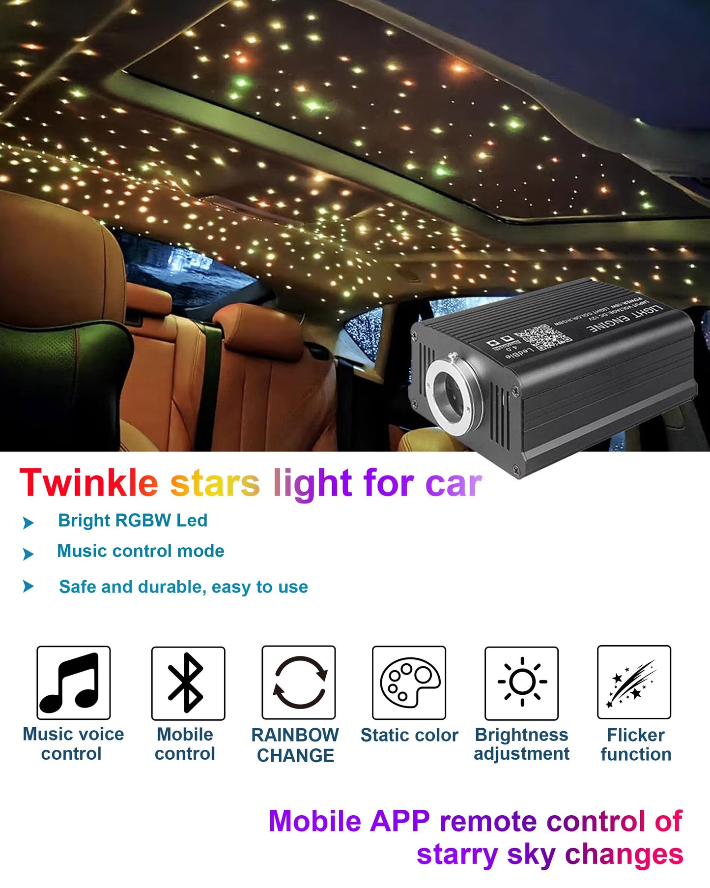 DIICRIN Starlight Headliner Kit for Car, 750pcs 0.03in x 9.8ft Fiber Optic Star Lights with 16W RGBW, 200 White Shooting Stars, App & Remote Control Car Ceiling Projector