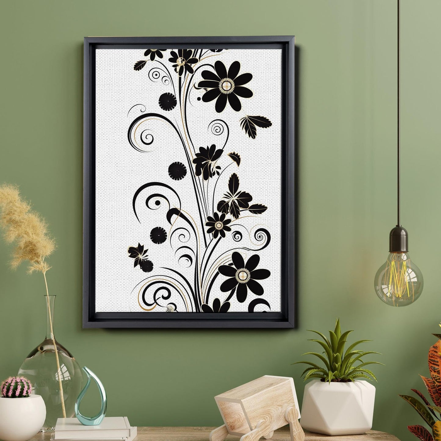 Scandinavian Folk Art, Black and Beige Abstract Botanical Wall Art for Scandinavian Home Decor