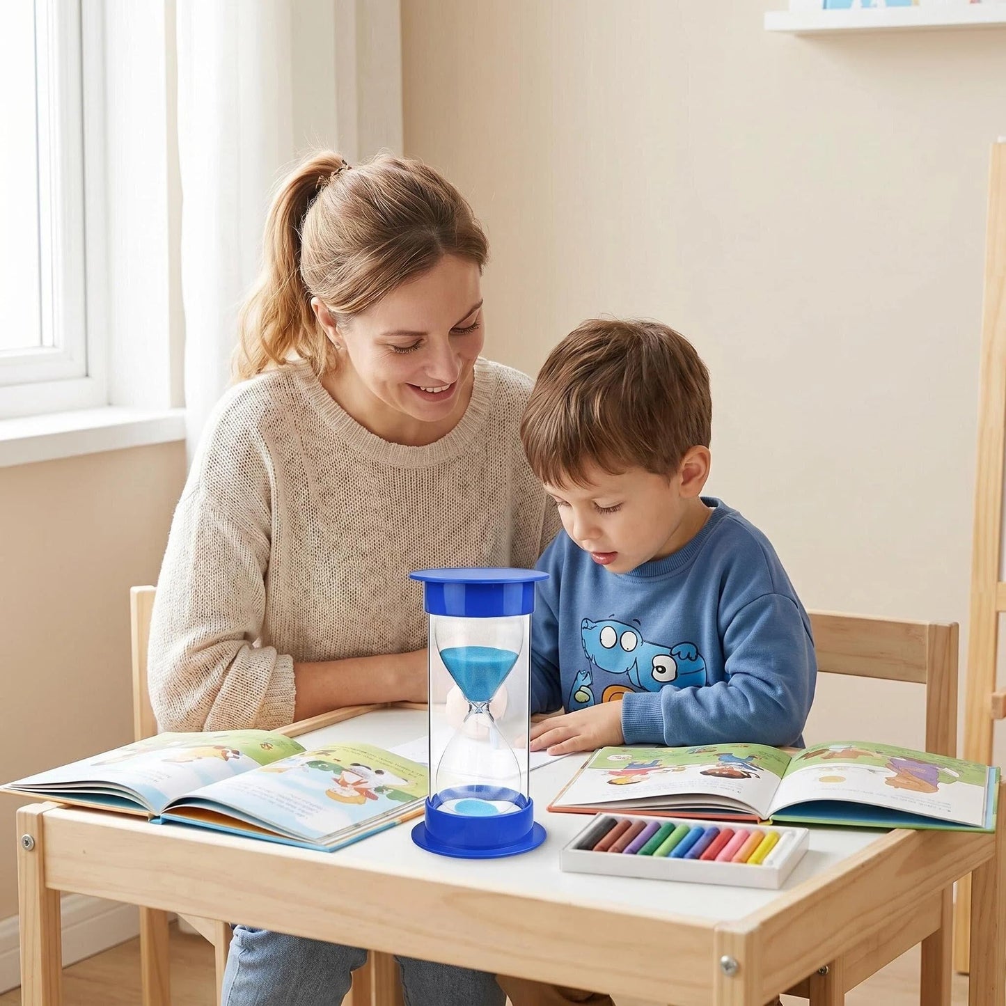 JIEHET Hourglass Sand Timer 5 Minutes, Dual Protection Hour Glass with Sand, Sand Timer for Kids Safety, Sand Clock Watch Management Assistant, Creative Gift, Living Room Office Decorative (Blue)