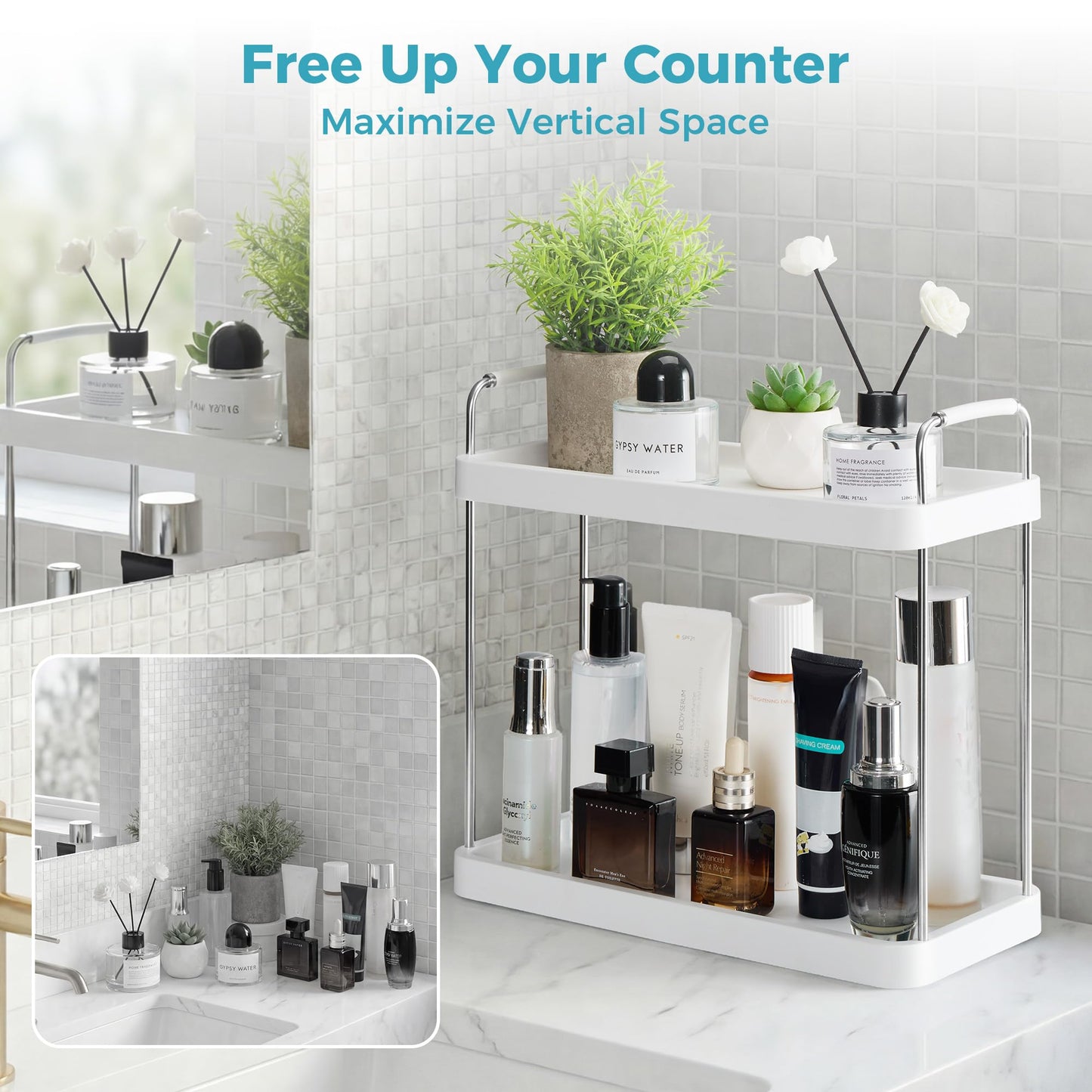Vtopmart 2-Tier Bathroom Countertop Organizer, Vanity Dresser Counter Tray Shelf for Skincare, Perfume, Makeup, Silver