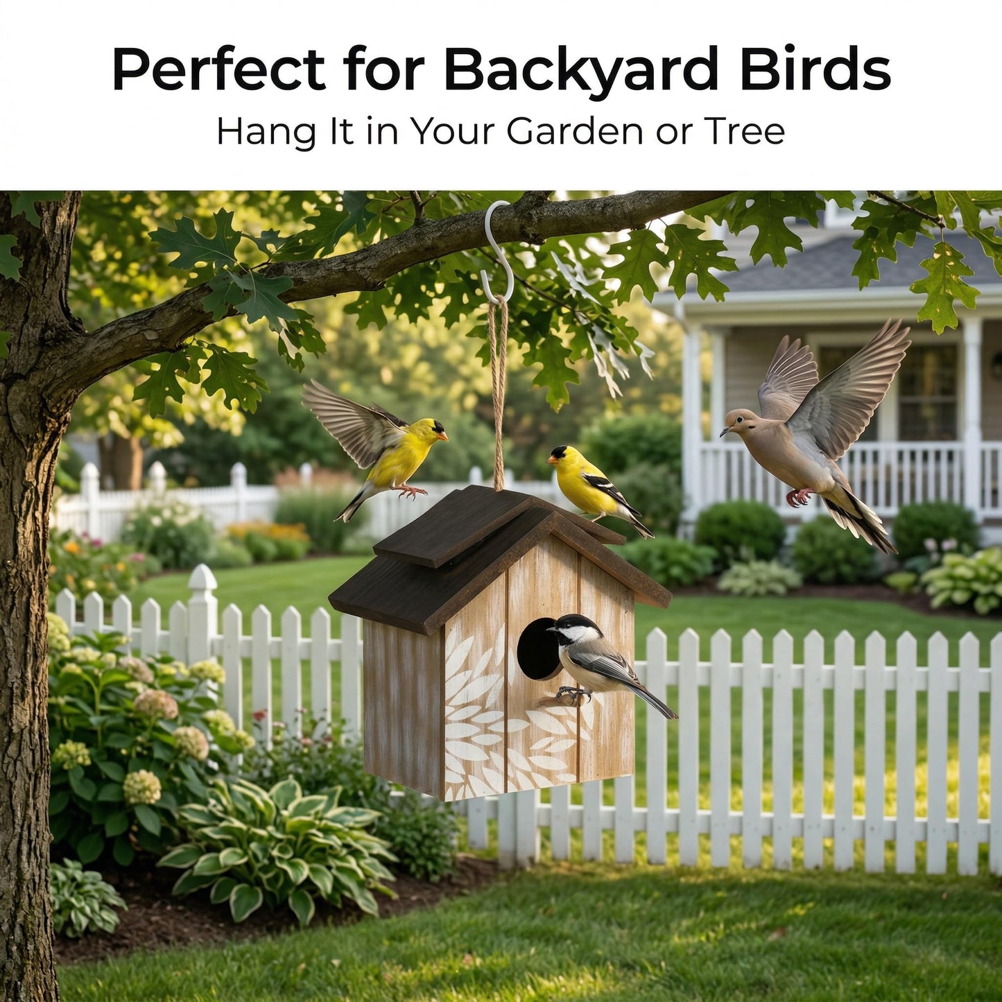 Topadorn Wooden Bird House Hanging Outdoor,Eco Friendly Materials and Decorative with Leaves Printed