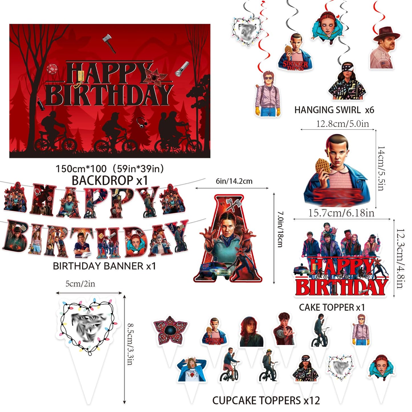 82Pcs Stranger Party Decorations Set - Thriller Theme Birthday Supplies with Thickened Backdrop, Tablecloth, Balloon Arch Kit, Cake Toppers for Kids Adults Upside Down Fans