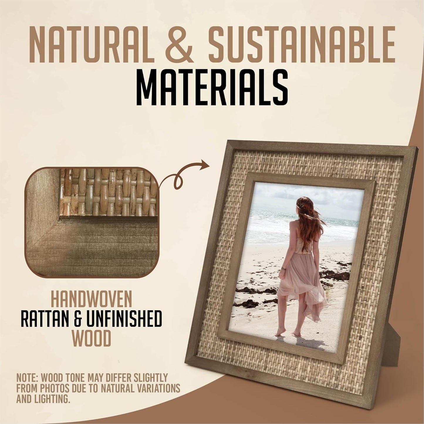 Fairwood Way Rattan Frame for 8x10 Photos, EACH UNIQUE Natural Fir Wood, Handwoven Rattan Mat, Boho Picture Frame, 8x10 picture frame for Wall/Table Mount (12.5" x 14.5" Outer), Coastal Decor