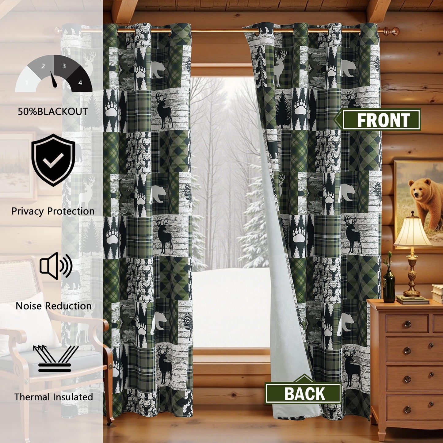 Dark Green Rustic Cabin Curtains 2 Panels Country Curtain 50% Light Blocking Darkening Grommet Window Treatments Farmhouse Patchwork Plaid Drapes Decorative for Living Room Bedroom, 52x96 inches