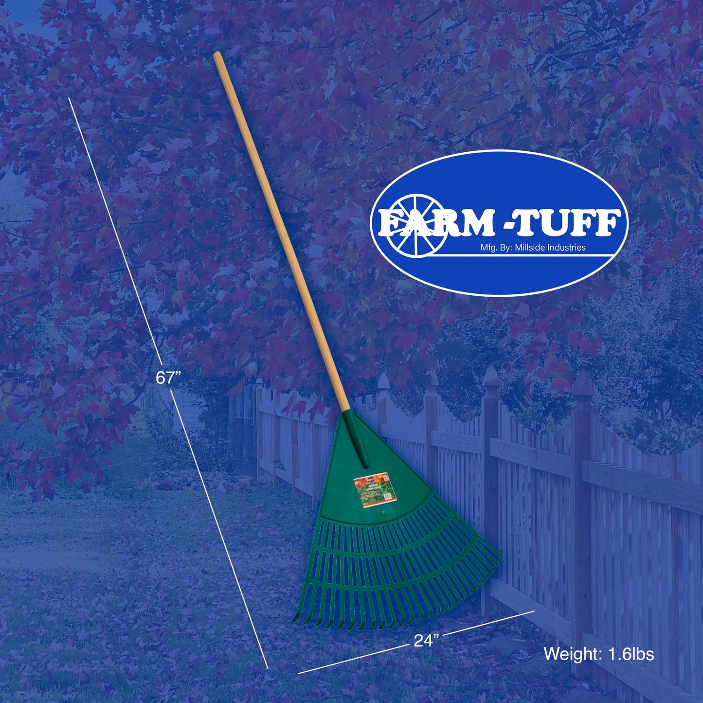 FARM-TUFF 24 Inch Leaf & Lawn Rake with 48 Inch Hardwood Handle - Extra-Wide, Durable Rake for Lawns, Gardens, and Yard Cleanup