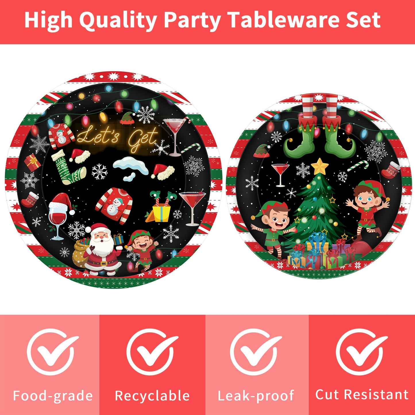 96 Pcs Lets Get Elfed Up Christmas Party Decorations, Festive Elf Santa Plates Napkins Forks for 24 Guests, Funny Holiday Tableware Set Party Supplies