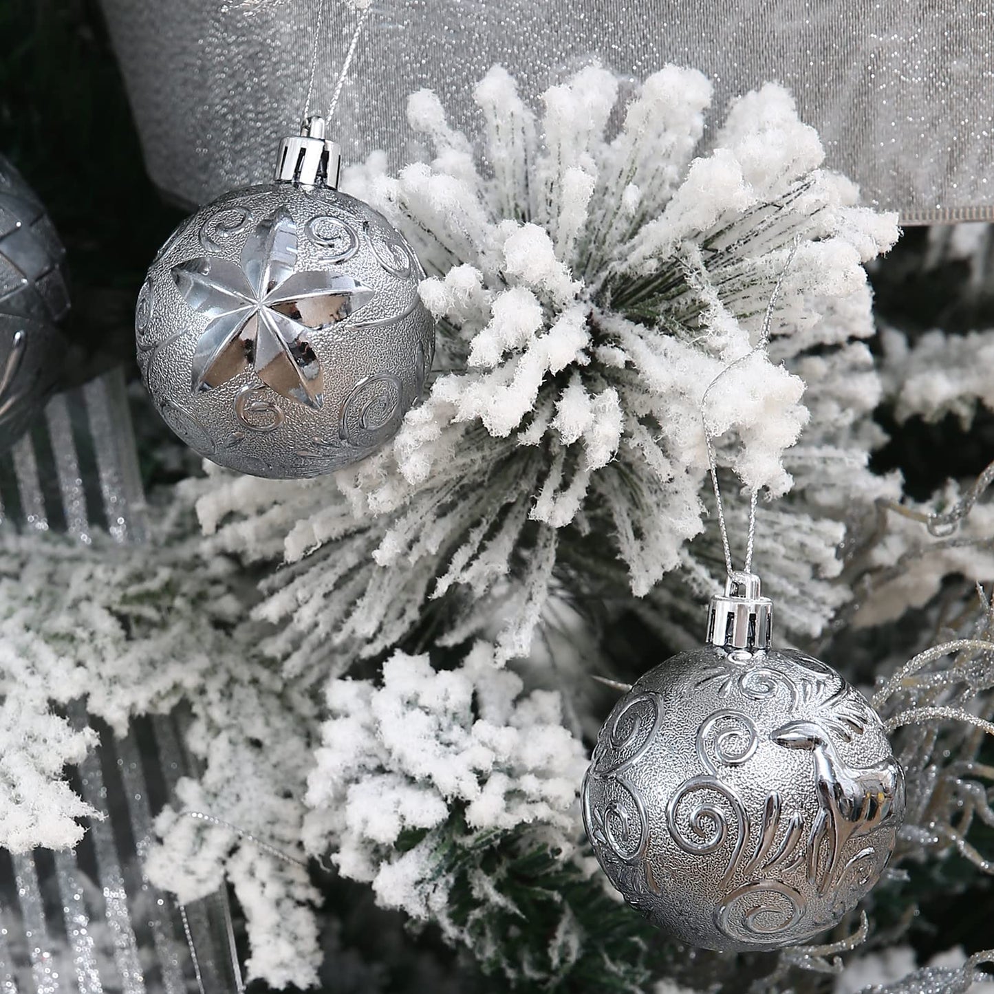 34ct Grey Christmas Ball Ornaments Shatterproof Plastic Christmas Tree Decorations for Xmas Party Home Office Holiday Decor -Medium Size (2.36"/ 60mm)