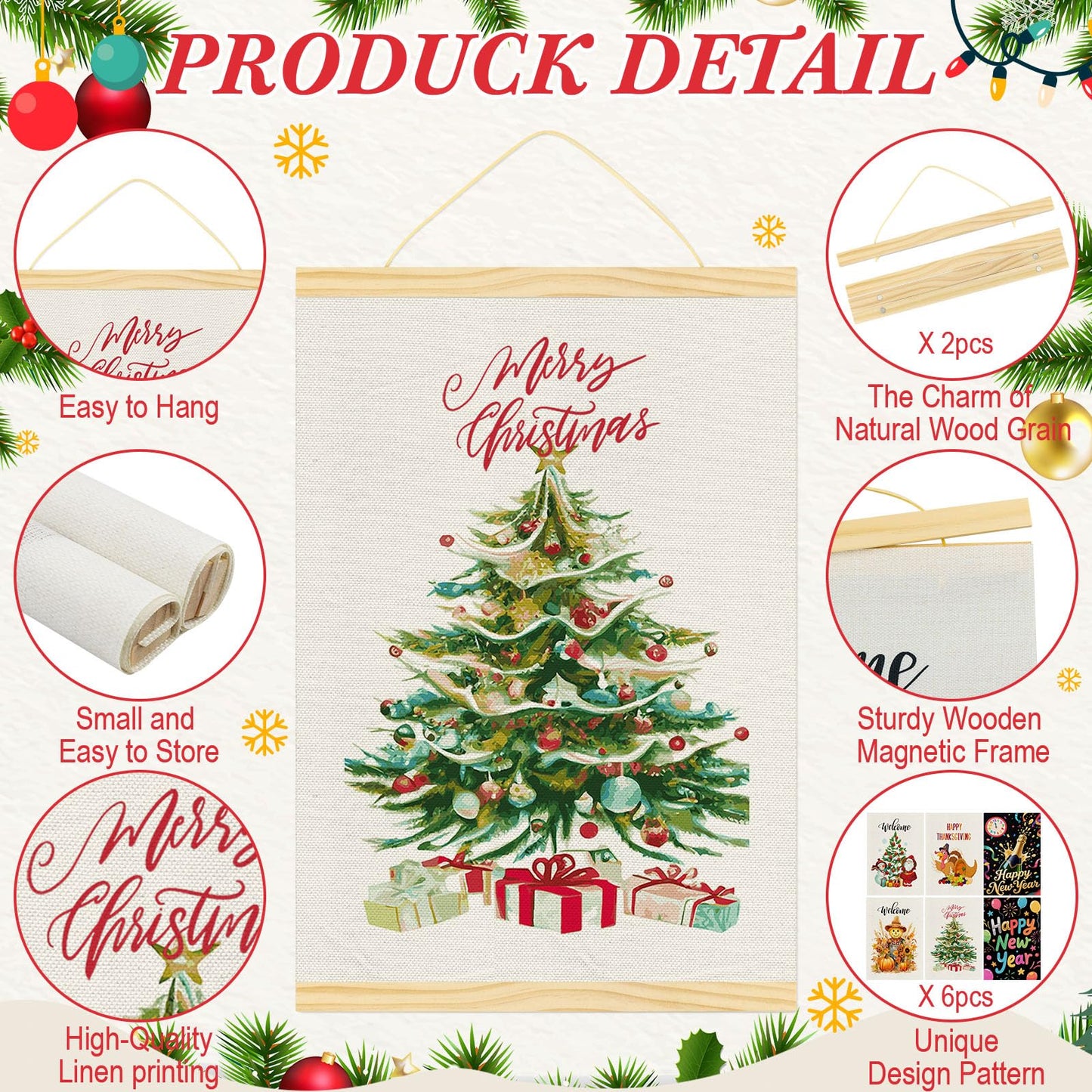 Merry Christmas Wall Art with Wood Poster Hanger Set of 6 Christmas Tree Wall Decor Magnetic Poster Hanger Frames Santa Claus Turkey Snowman Posters Artwork for Wreath Thanksgving Walls Decorations 12x18 Inch