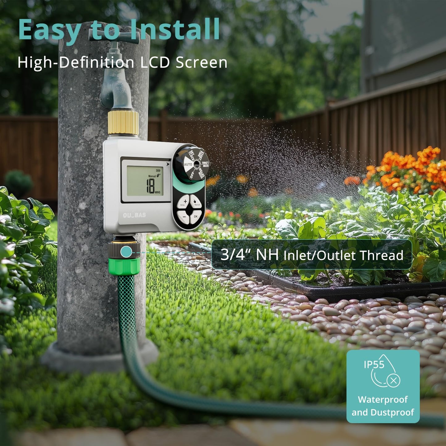 QUOBAS Brass Sprinkler Timer, Programmable Water Hose Timer for Garden Hose Faucet with Waterproof HD Screen, Rain Delay/Manual/Automatic Irrigation Watering System for Garden, Lawn, Yard