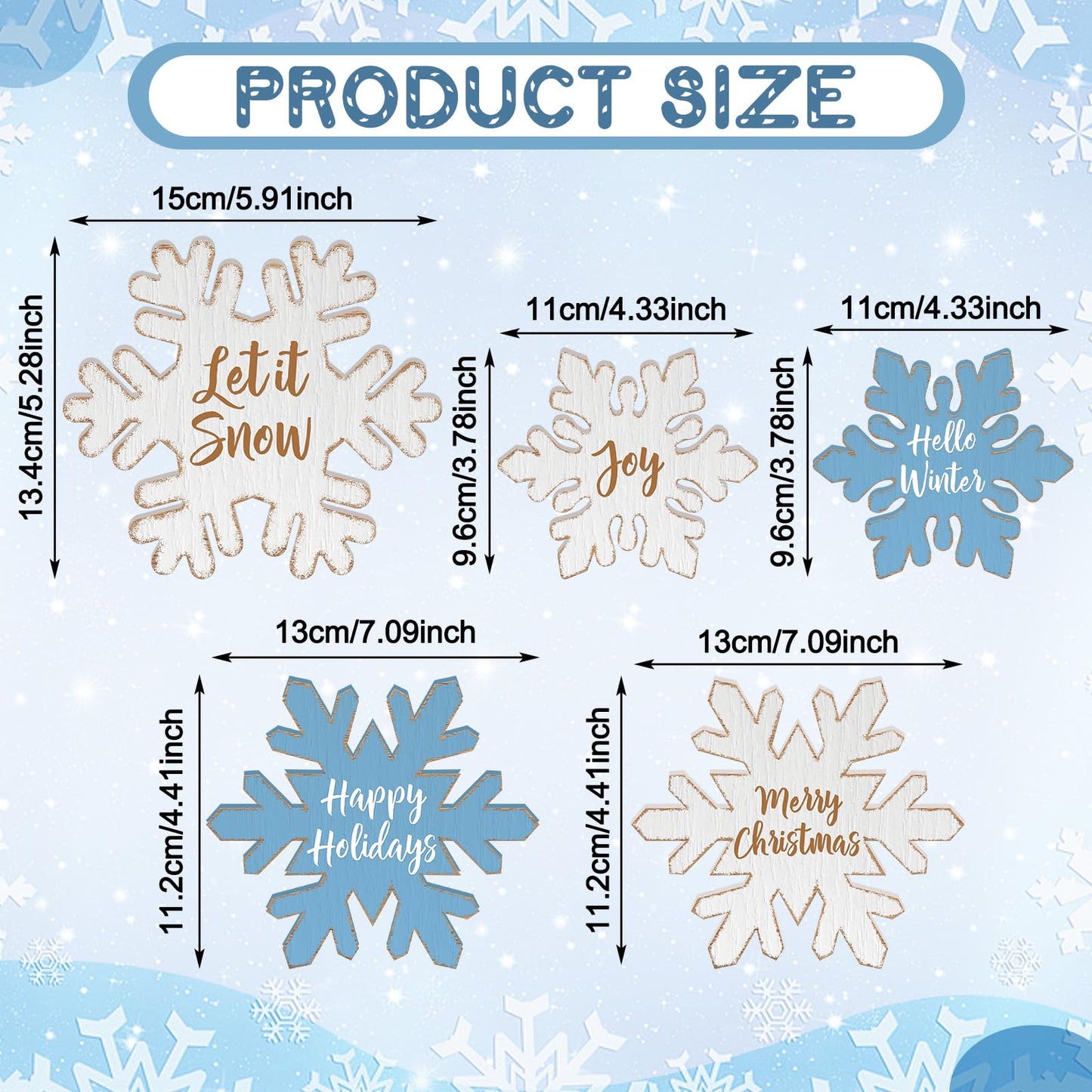 Thyle 5 Pcs Winter Wooden Snowflake Decor Rustic Winter Table Centerpiece White and Blue Wood Blocks with Heartwarming Quote Table Standing Signs for Farmhouse Fireplace Mantel Home