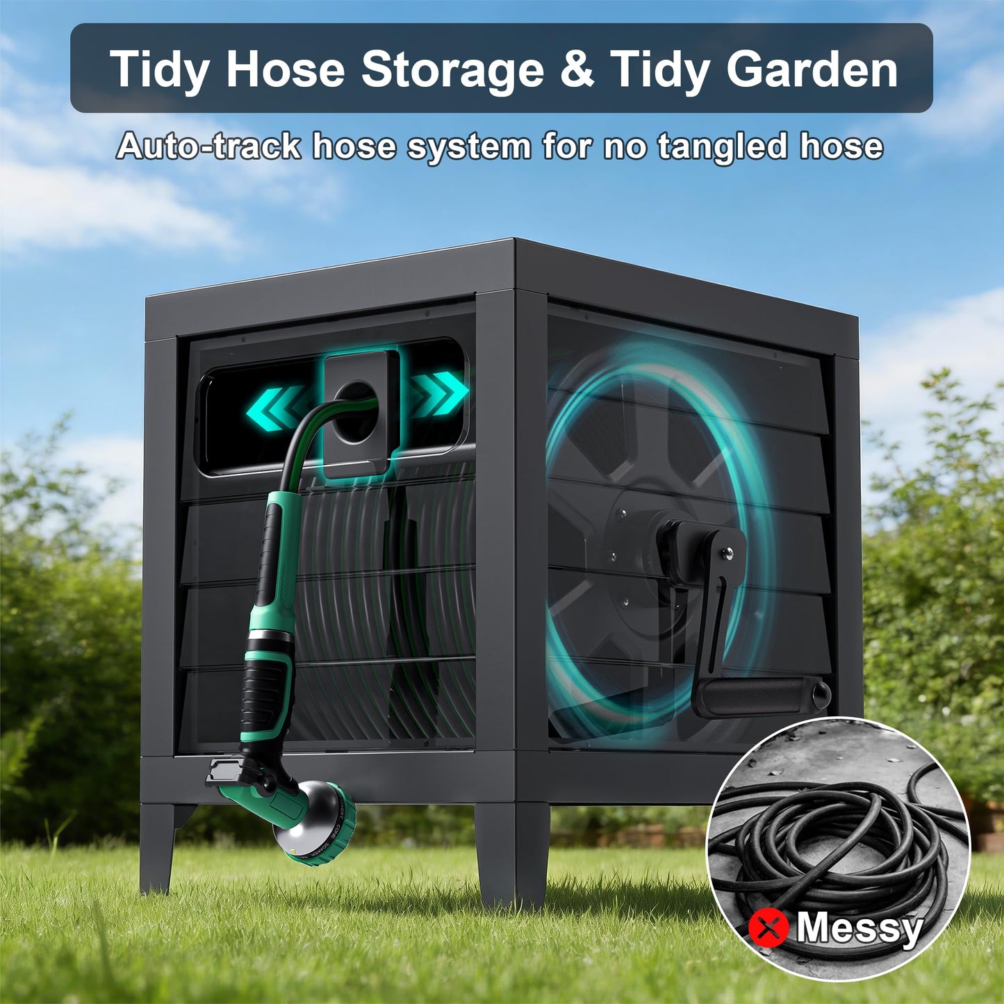 Metal Garden Hose Reel Box, Heavy Duty 150Ft 5/8" Large Capacity Hose Storage Deck Box with Hose Guide, 6Ft Leader Hose, Leak-Proof Aluminum Water Connection, Manual Crank Handle Easy Essemble (Black)