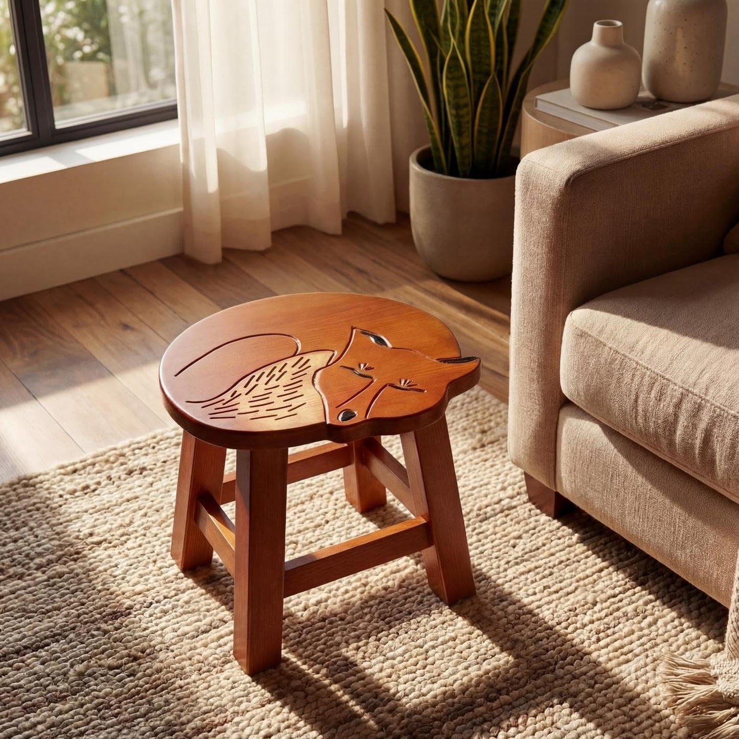 Beeveer Fox Hand-Carved Wood Foot Stool 11 Inch Decorative Animal Foot Stool Fox Wood Decorative for Planter Kitchen