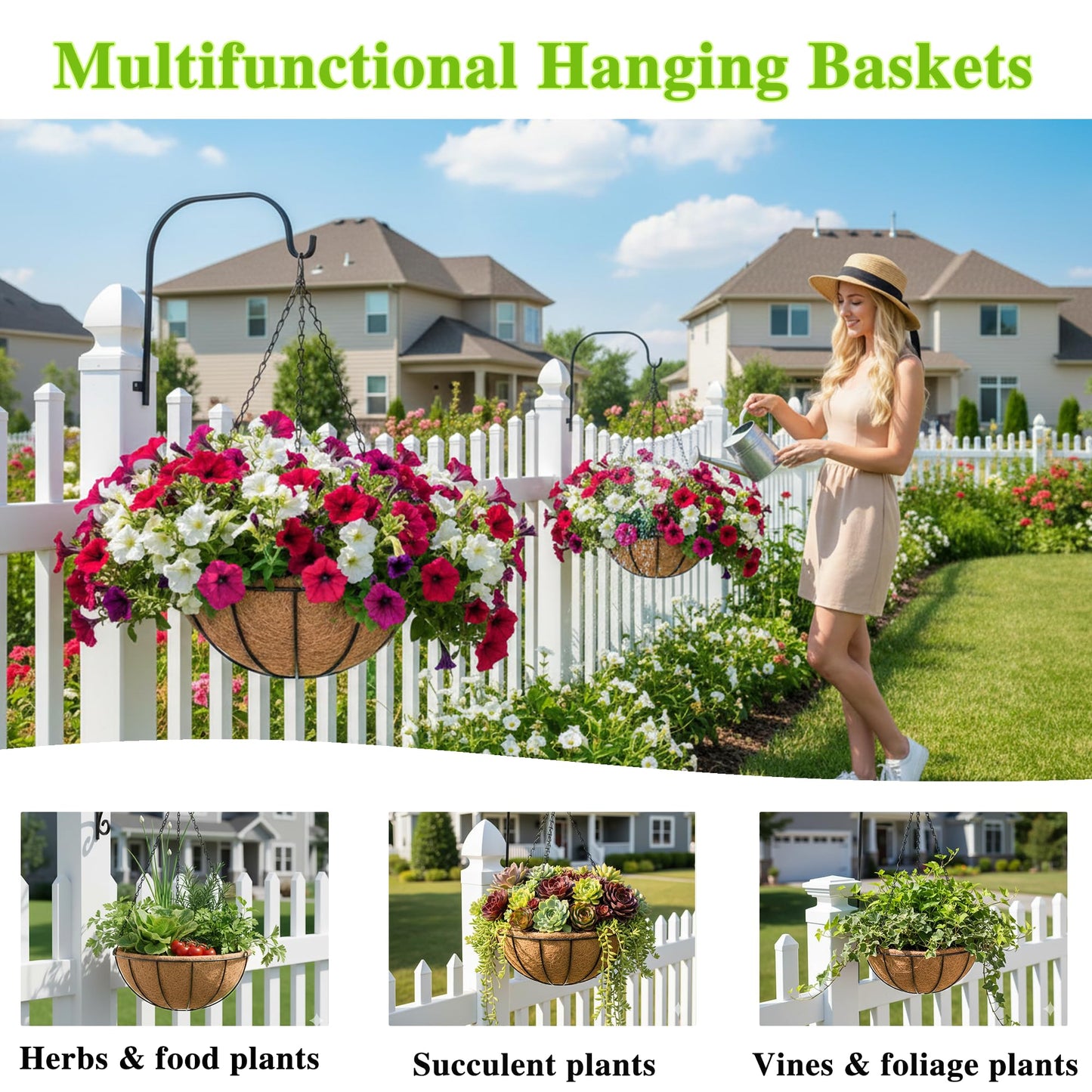 EIMQUVW 4 Pack Hanging Planter Basket Outdoor Large Hanging Flower Pots Indoor 12 inch with Coco Coir Liner Round Wire Plant Holder Chain Hanging Basket Garden for Home Decor Balcony Office1